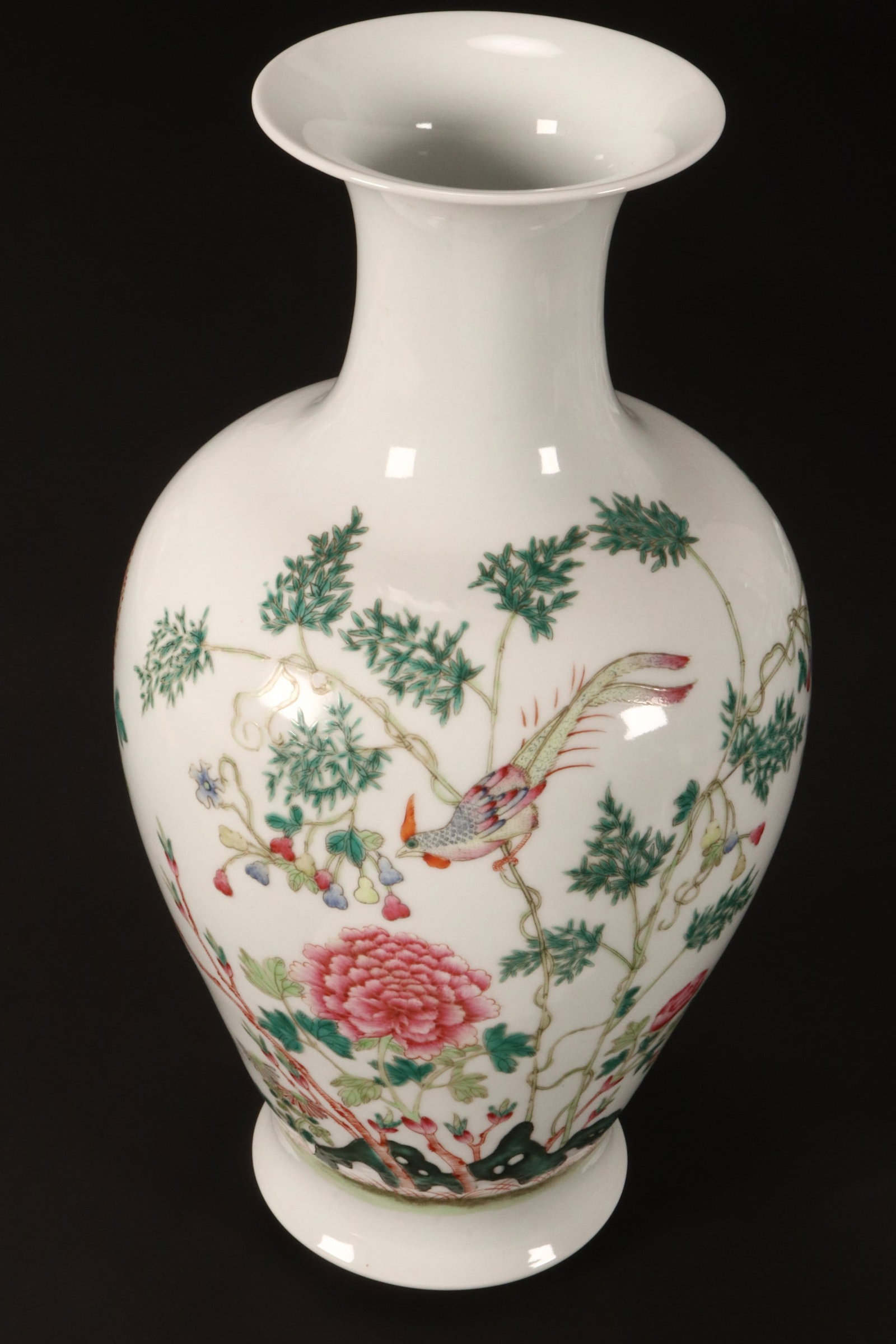 Chinese Republic Period Porcelain Vase,: of baluster form, decorated with peonies, phoenix and foliage, in tones of pink, green and blue on a white ground, red four character mark to base, height 36cm