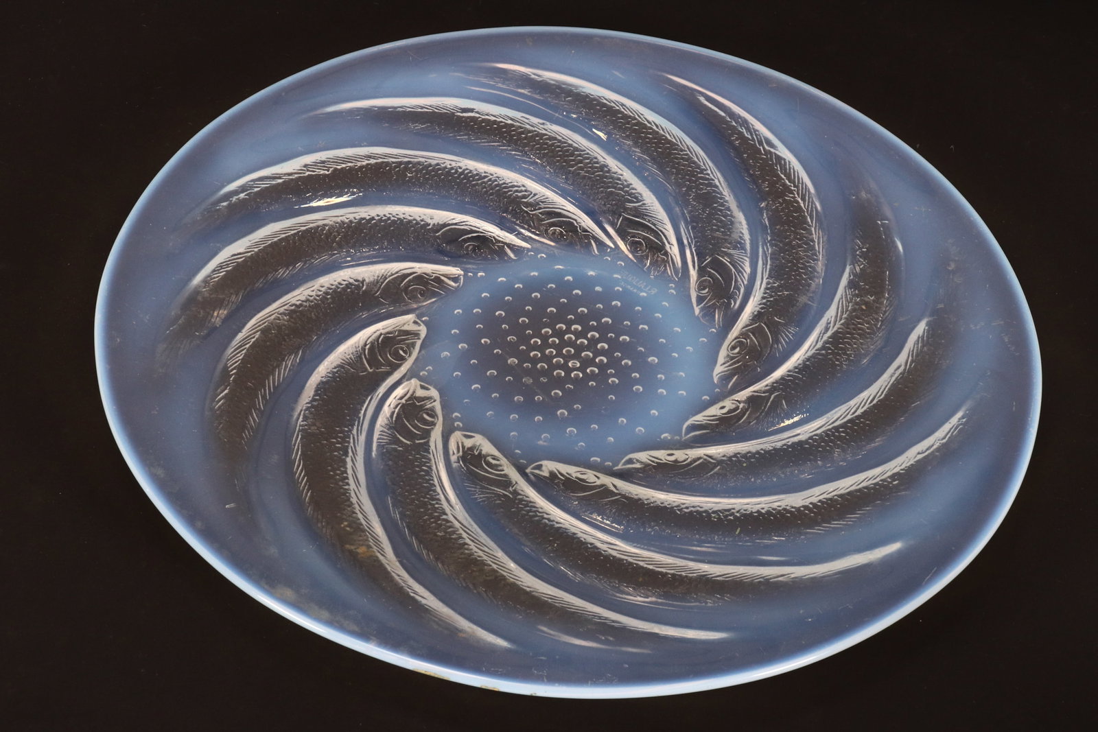 Rene Lalique 'Poissons' Opalescent Charger, c.1931,: of circular form, with spiraling fish motif, acid etched R.Lalique, France, diameter 32.5cm