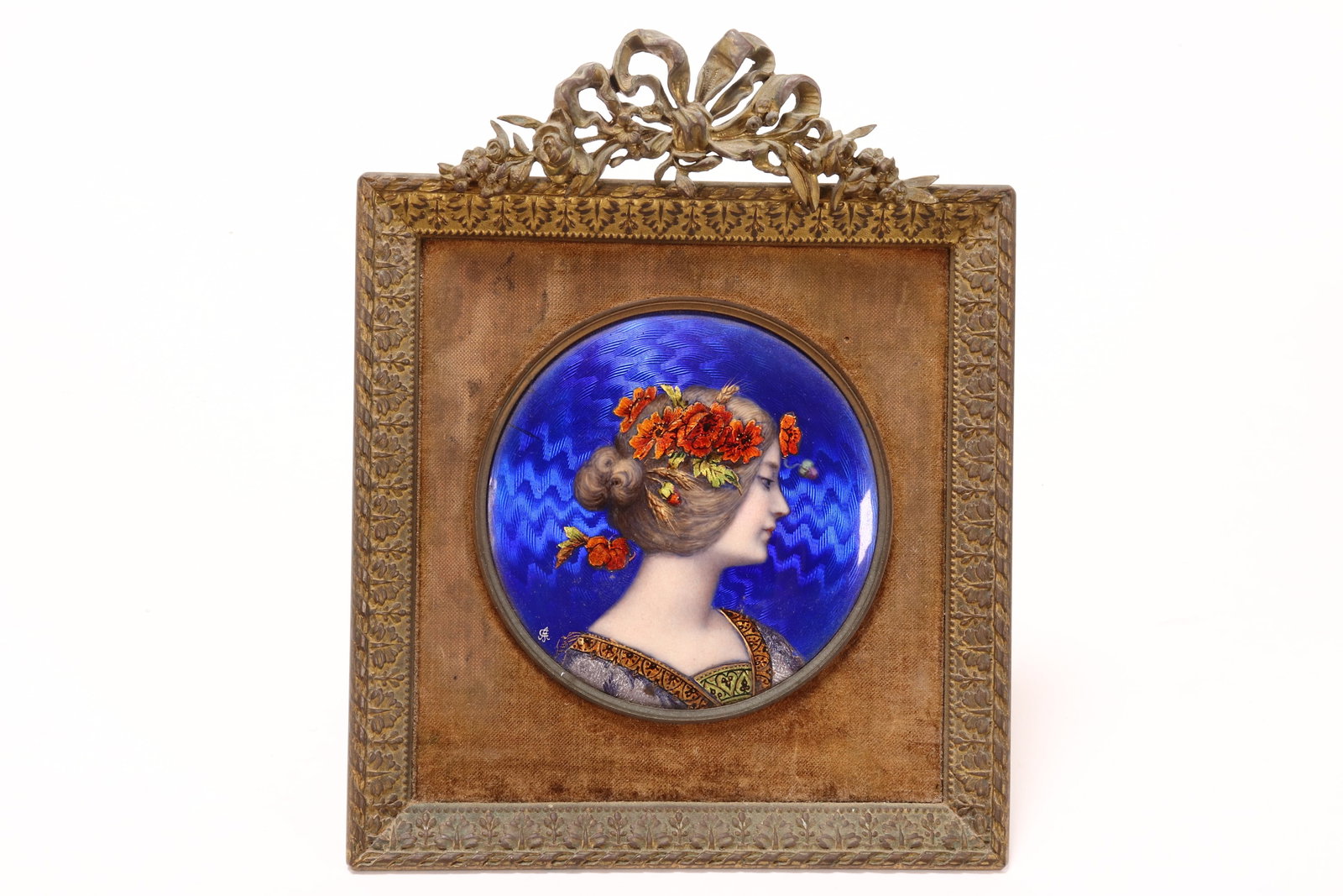 Beautiful Limoges Art Nouveau Enamel Portrait,: depicting a woman in three quarter dexter, with head slightly tilted wearing flowers in hair and decorative dress, in rich tones of orange, purple, aventurine and yellow on a blue guilloche ground, th