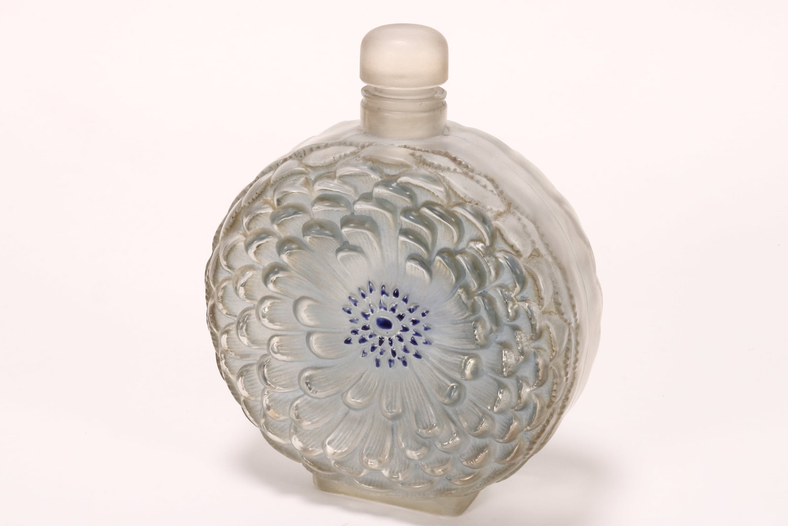 Large Rene Lalique 'Dahlia' Patinated Perfume Bottle, c.1931,: of pilgrim form, decorated with flower heads to each side, acid etched R. Lalique, height 21cm