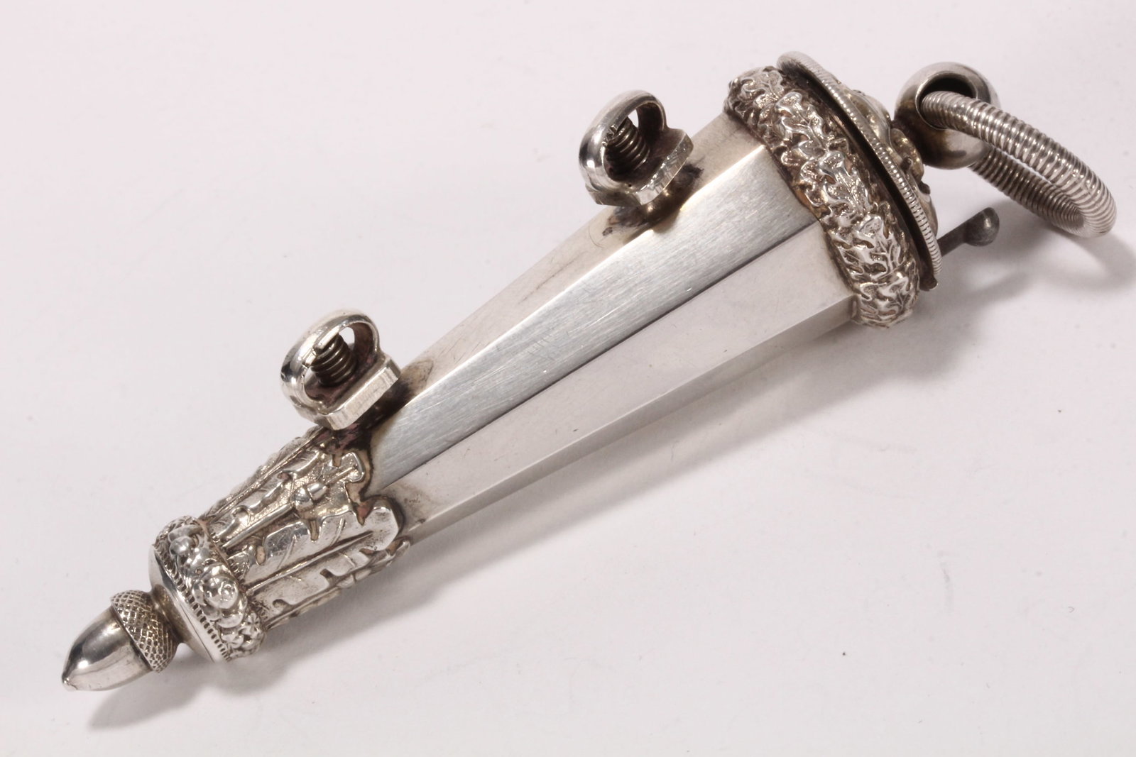 Large Victorian Sterling Silver Military Officers Dress Whistle,: hallmarked Birmingham, 1854, Joseph Jennens & Co, of facetted tapering form, with foliate decoration to the cover and acanthus decoration to lower section, with acorn finial, total weight 42g, length 
