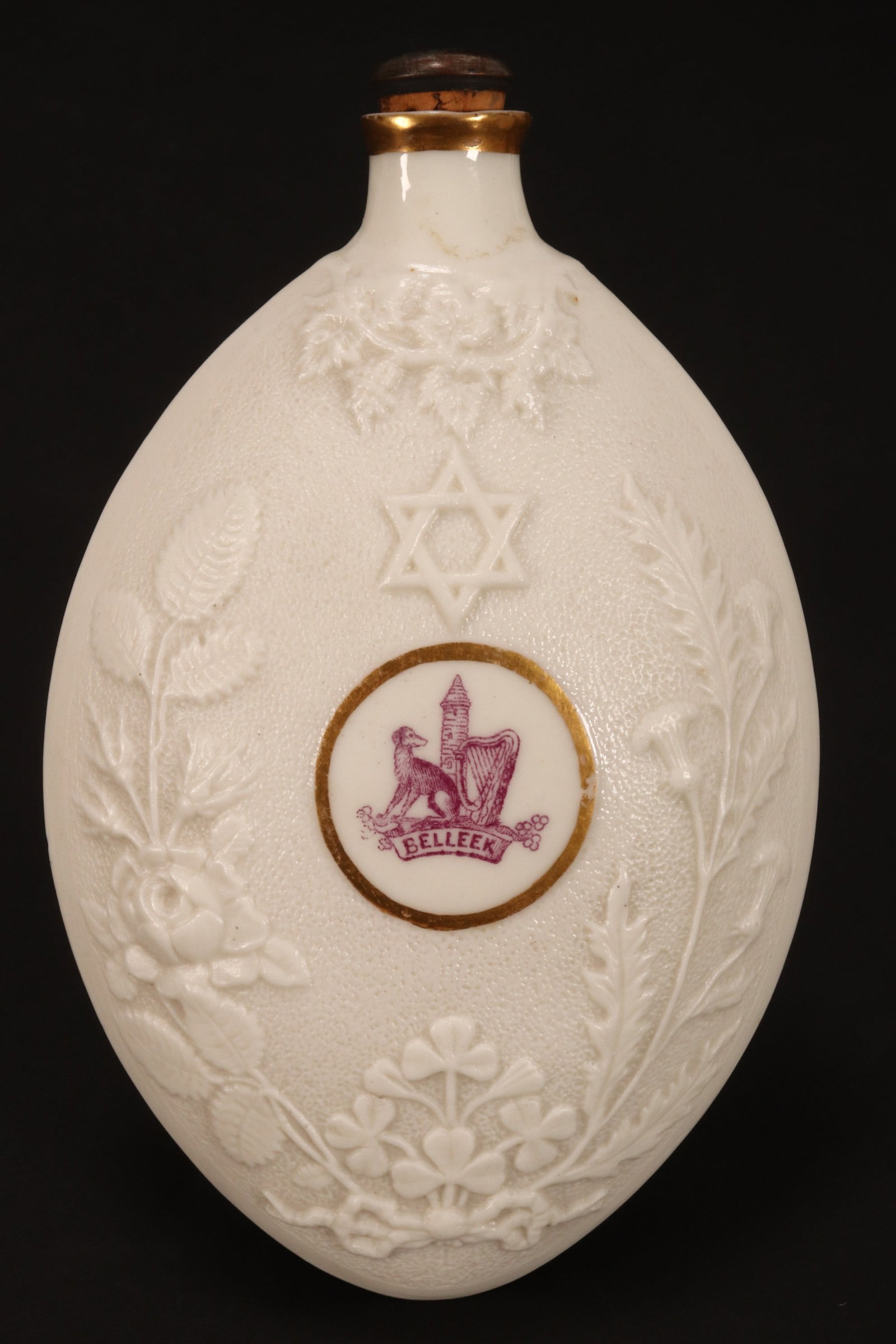 Belleek 1st Period Flask,: c.1863-1891, of ovoid form, with molded Star of David and foliate decoration, length 15.5cm