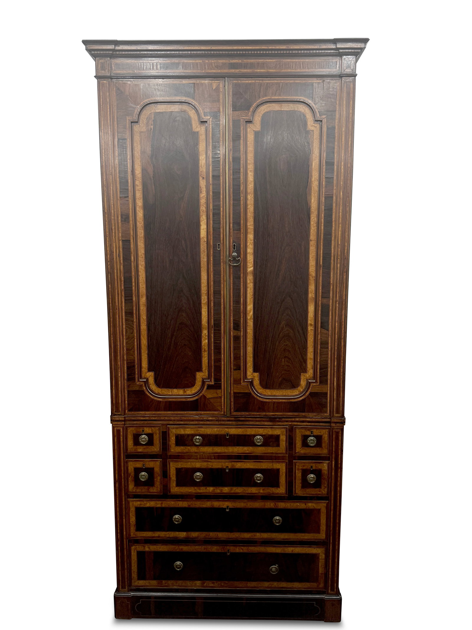 Good Regency Rosewood Linen Press,: with spreading pediment with inlaid dental molding, above a pair of shaped panel doors with cross banded borders in birds eye maple, surrounded by stringing, above two central long drawers flanked by 