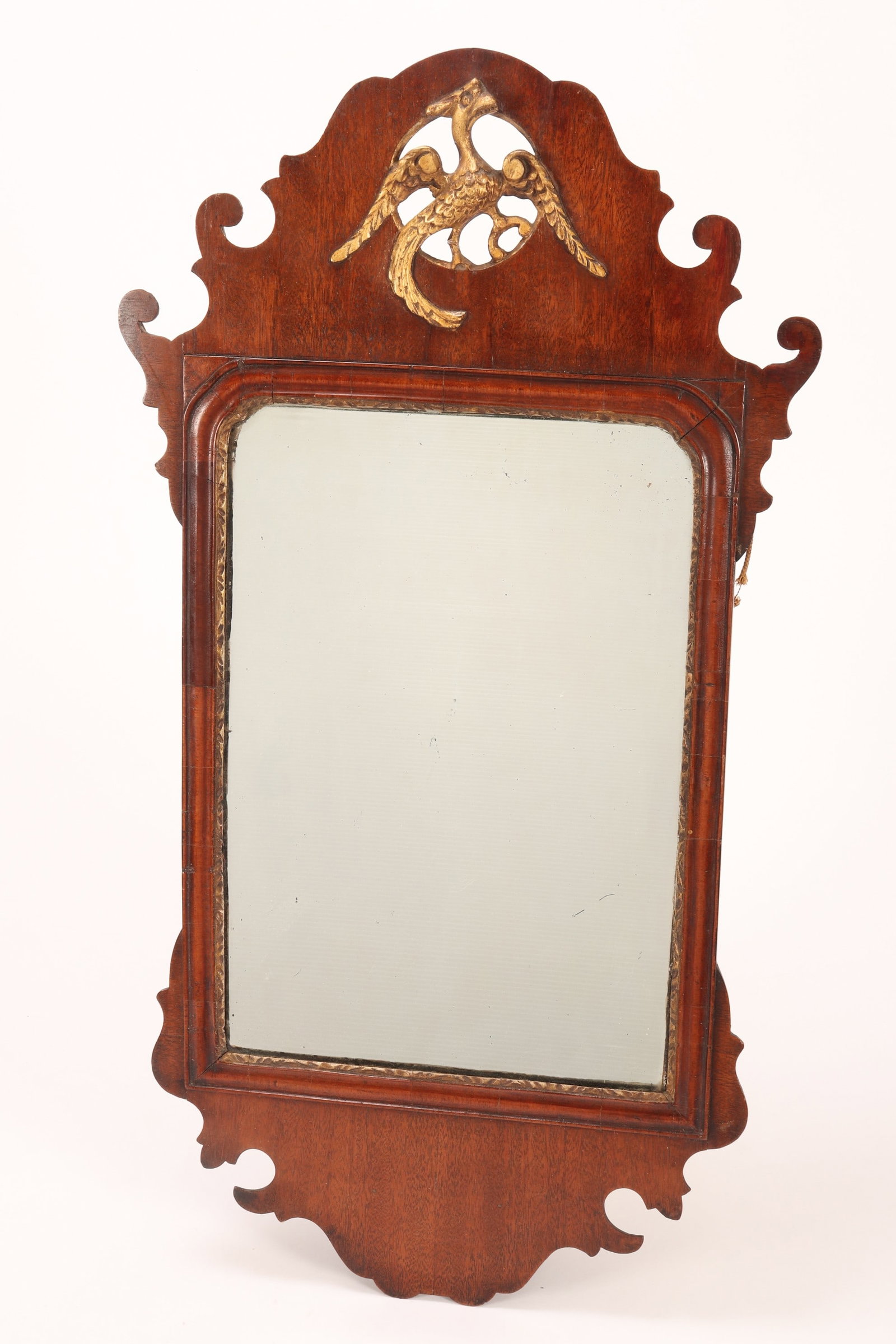 Georgian Mahogany Wall Mirror,: with shaped crest set with pierced roundel and carved gilt griffin, 79cm x 42.5cm