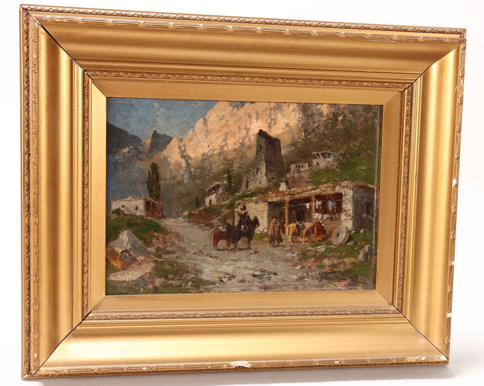 Nikolai Nikolaevich Obolensky (Russia, 1838-1899),: Cavalry Officers at a Caucasus Mountain Pass oil on board signed lower right 22cm x 32cm