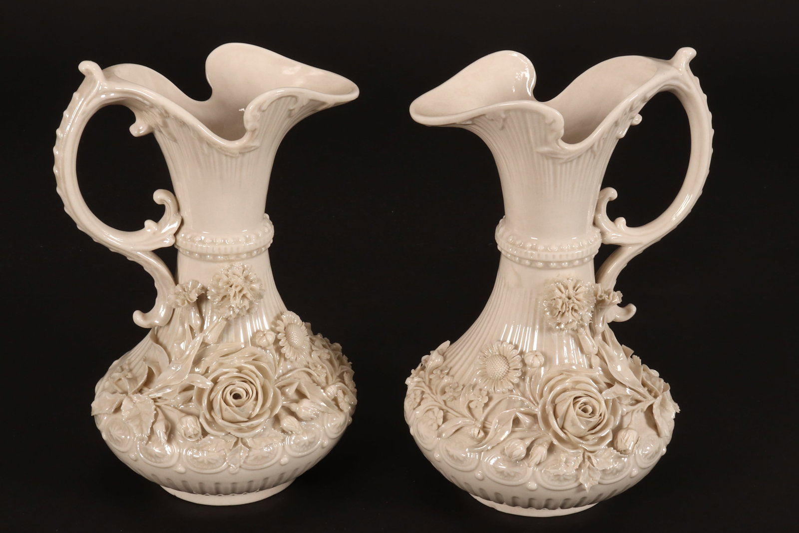Pair of Belleek Second Black Mark 'Aberdeen' Ewers (1 of 3)