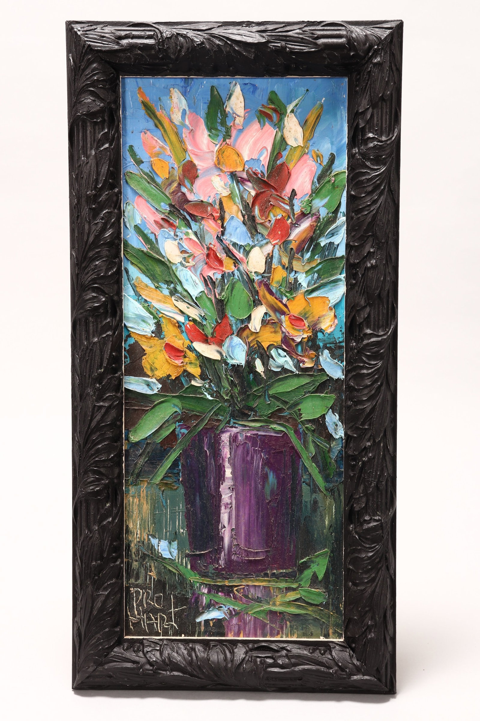 Kevin Charles (Pro) Hart (1928-2006),: Flowers in Purple Pot oil on board signed lower left, Ant Hill Gallery label verso with title 43cm x 17cm