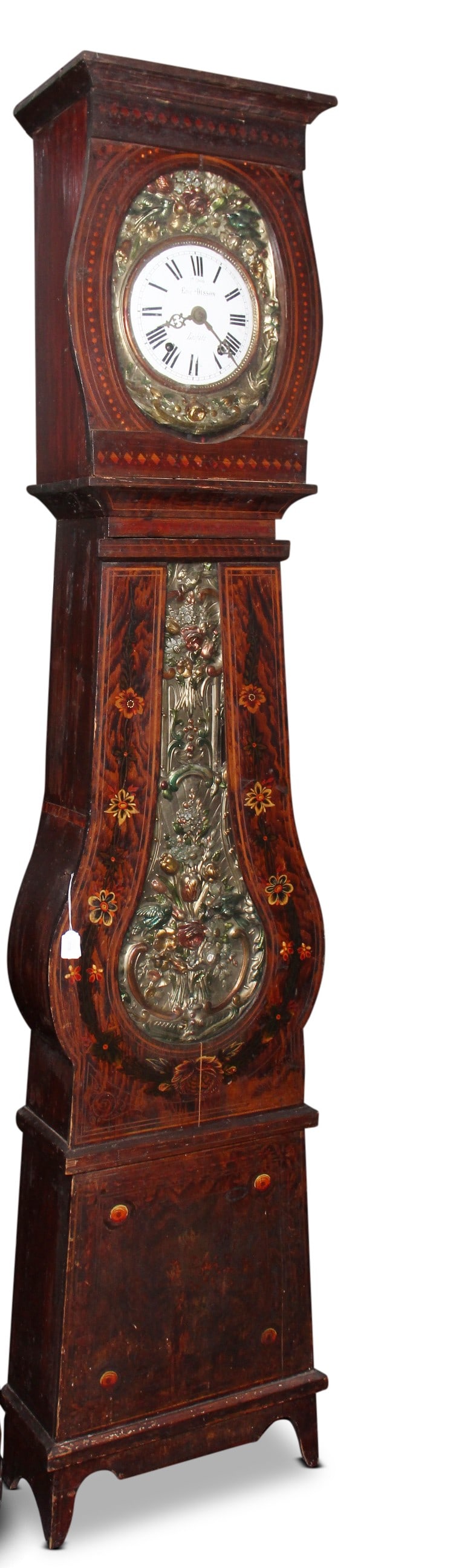 19th Century French Comtoise Clock,: maker Emile Disson, Louhans, the white enamel dial with repousse brass surround, decorated with birds and foliates, accented with tri tone overpainting, within a hand decorated long case mimicking ros