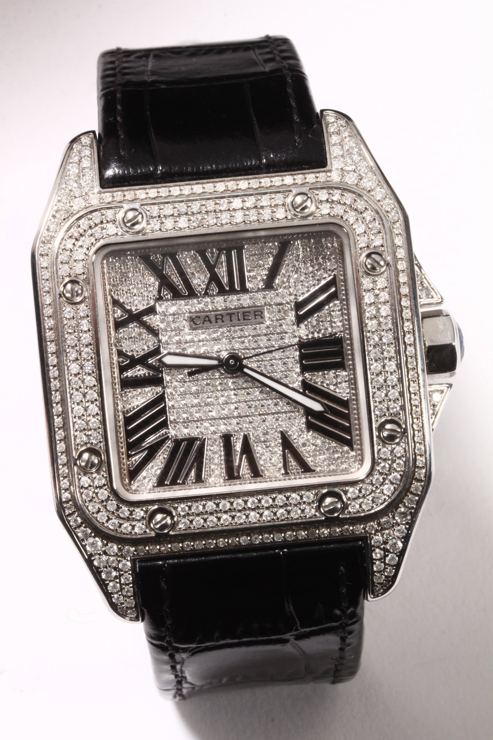 Gents Cartier Santos 100 Diamond Wristwatch,: in stainless steel, ref.2656, with cal.049 twenty one jewel automatic movement, case back stamped serial #348718TX / 2656, movement stamped #2892A2, S1/ V8BS6, the stainless steel case with later modi