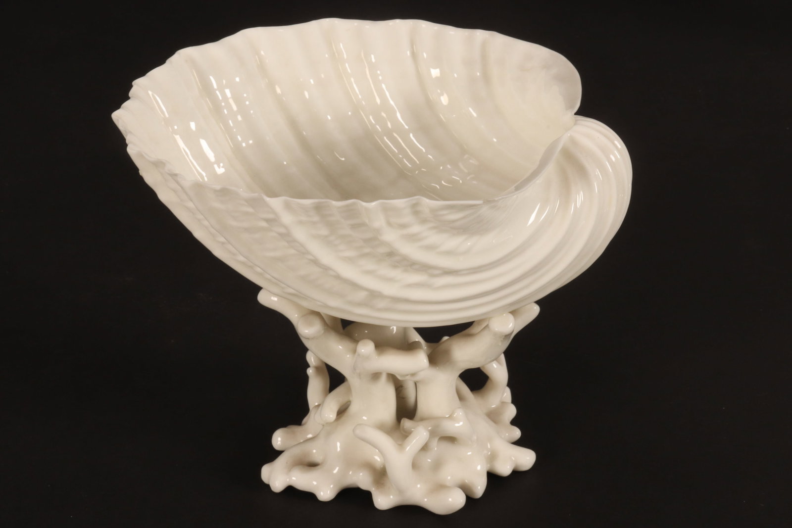 Belleek 1st Mark Imperial Shell Vase,: c.1863-1891, with large shell bowl raised upon coral branch support, mark to base, a/f (crack to bowl), height 11.5cm