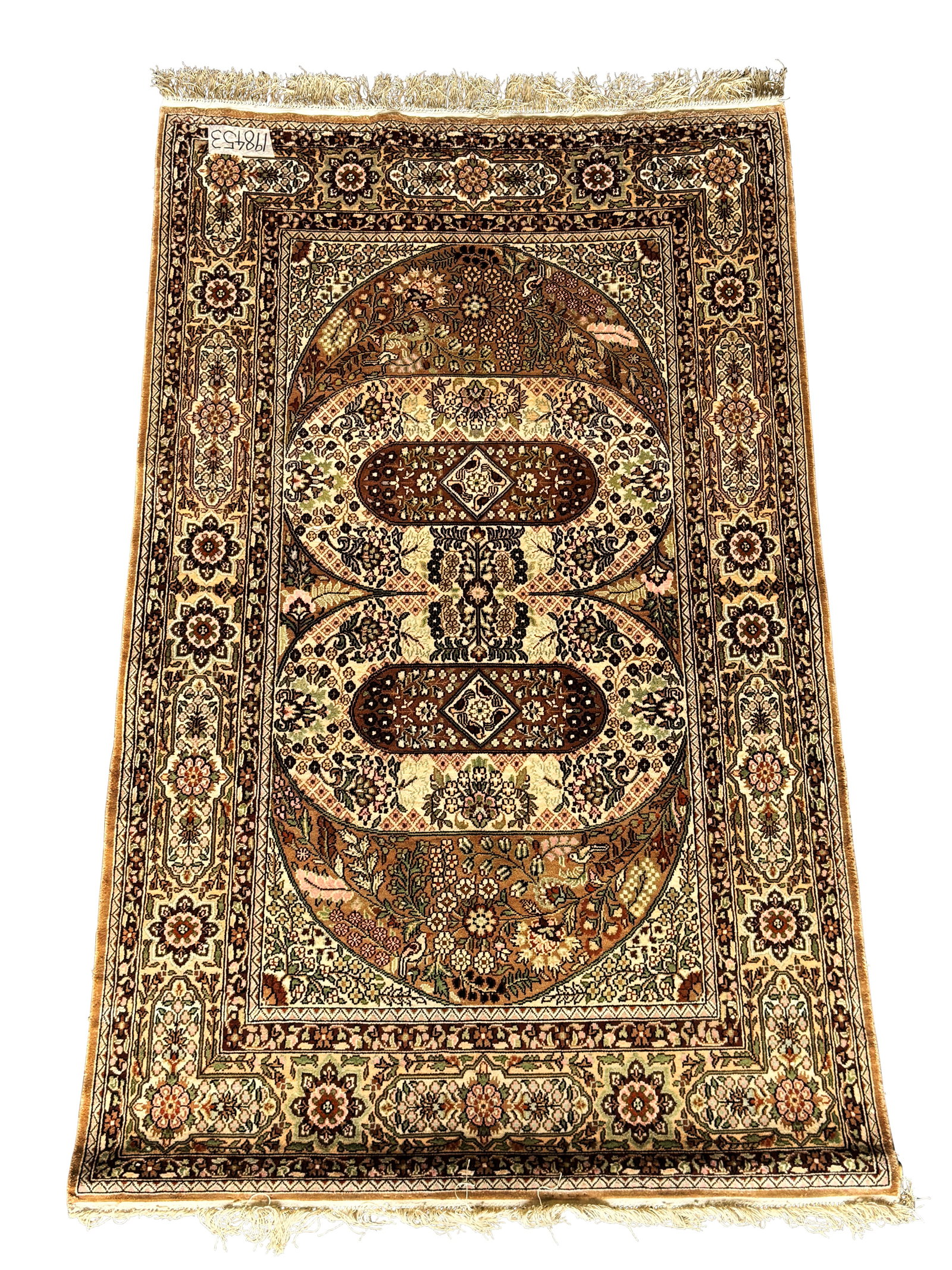 Kashan Silk Rug,: of rectangular form, decorated with central medallion accented with flowers, birds and foliage, surrounded by a large floral border and smaller borders to edge, in tones of pink, white, green and brow