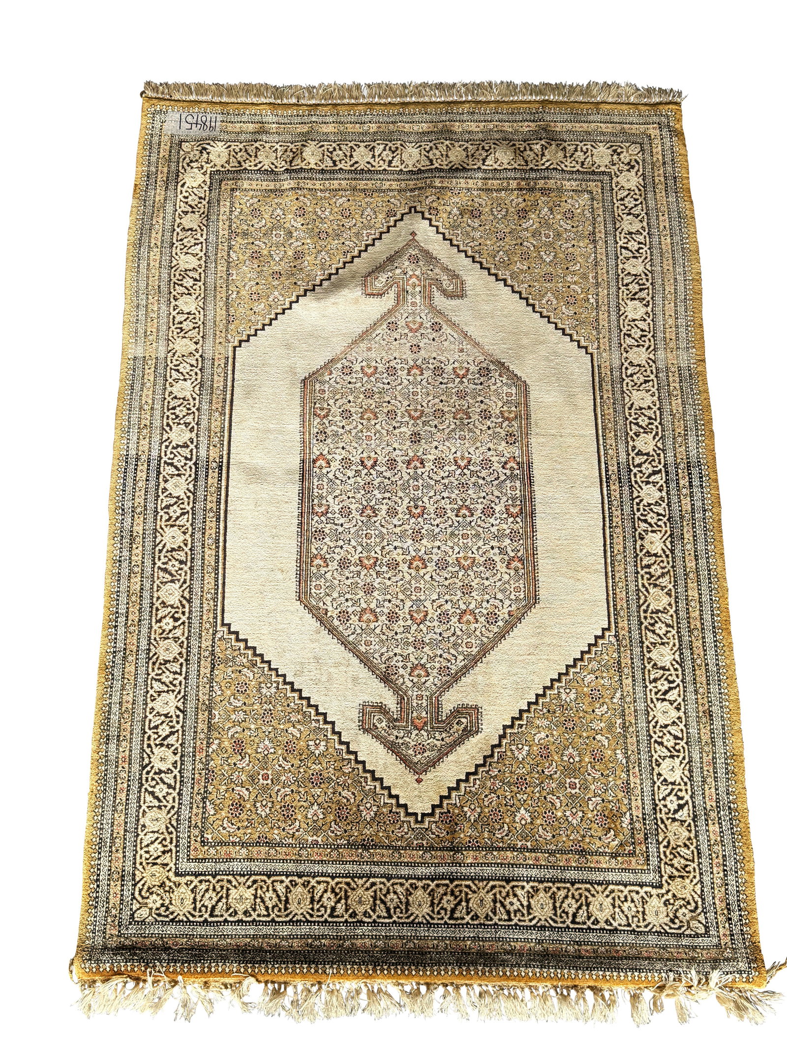 Persian Silk Rug,: of rectangular form, the central diamond motif with geometric floral decoration, surrounded by multiple borders, in tones of mustard, cream, red and black, 160cm x 105cm