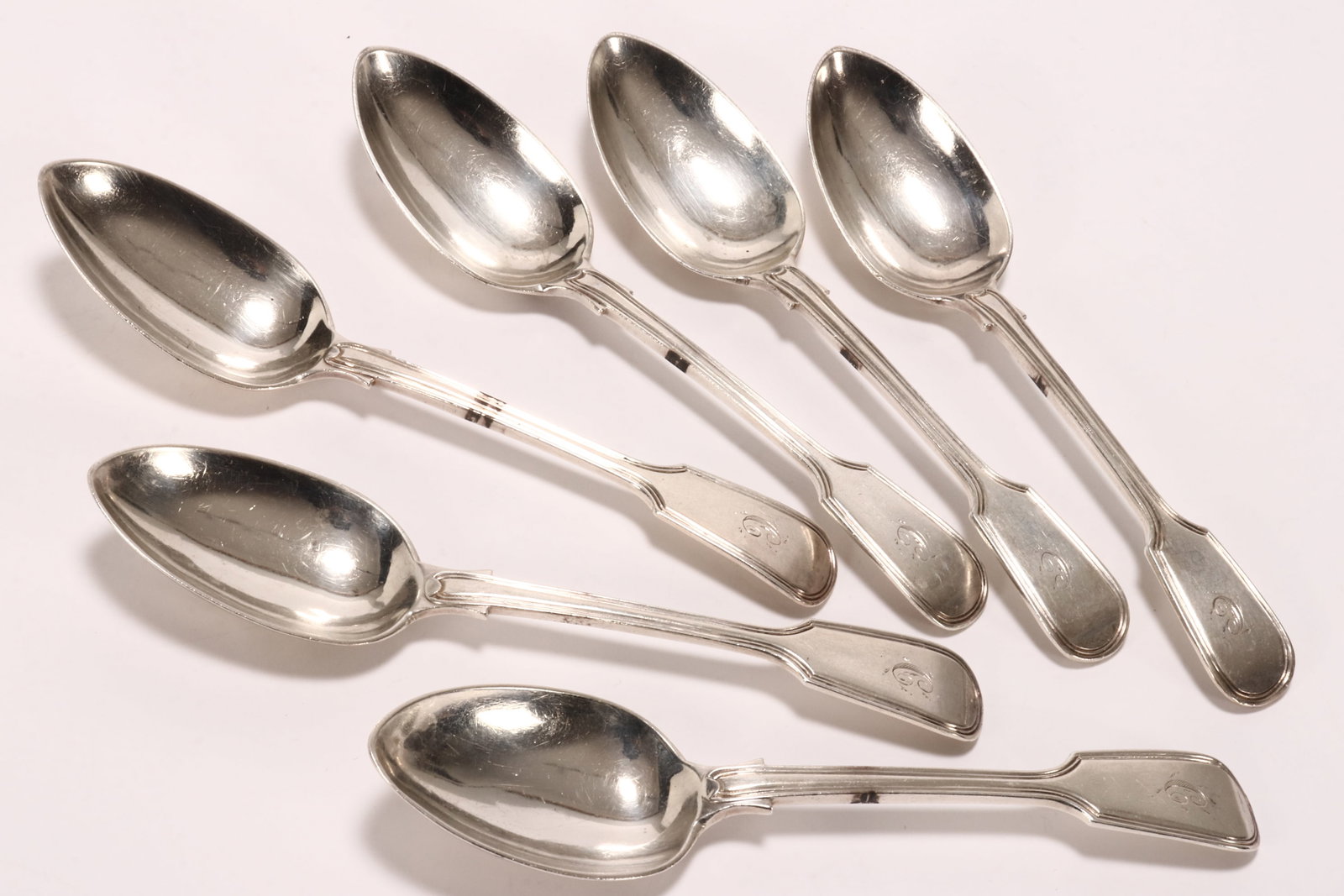 Set of Six Victorian Sterling Silver Soup Spoons,: hallmarked Exeter, 1863, J.S (John Stone), in fiddle and thread pattern, with engraved initial to terminal, total combined weight 320g, length 17.5cm (6)