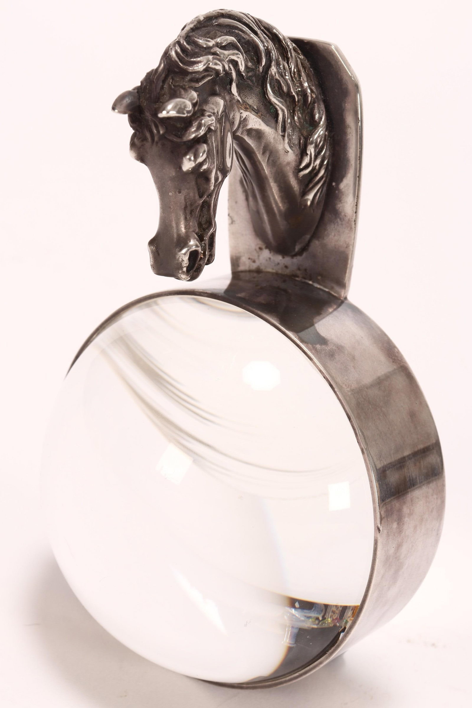 Hermes Magnifying Loupe/Paperweight,: c.1960s, with horse head handle, the domed glass set within a silver plate frame, marked Hermes Paris to base, engraved 'April 30, 1969' to front, a/f (chip to base of glass), height 6cm and length 13