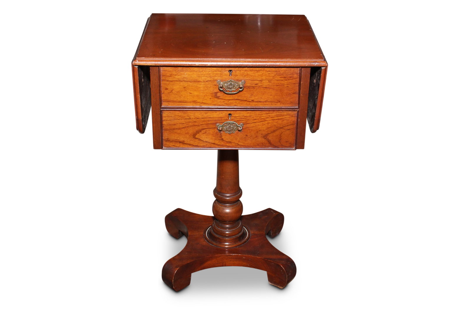 Late 19th Century Australian Cedar Work Table,: the rectangular top with double d-end drop sides, above two drawers on a turned support, on four inswept legs, 72cm x 82cm x 39.5cm (extended)