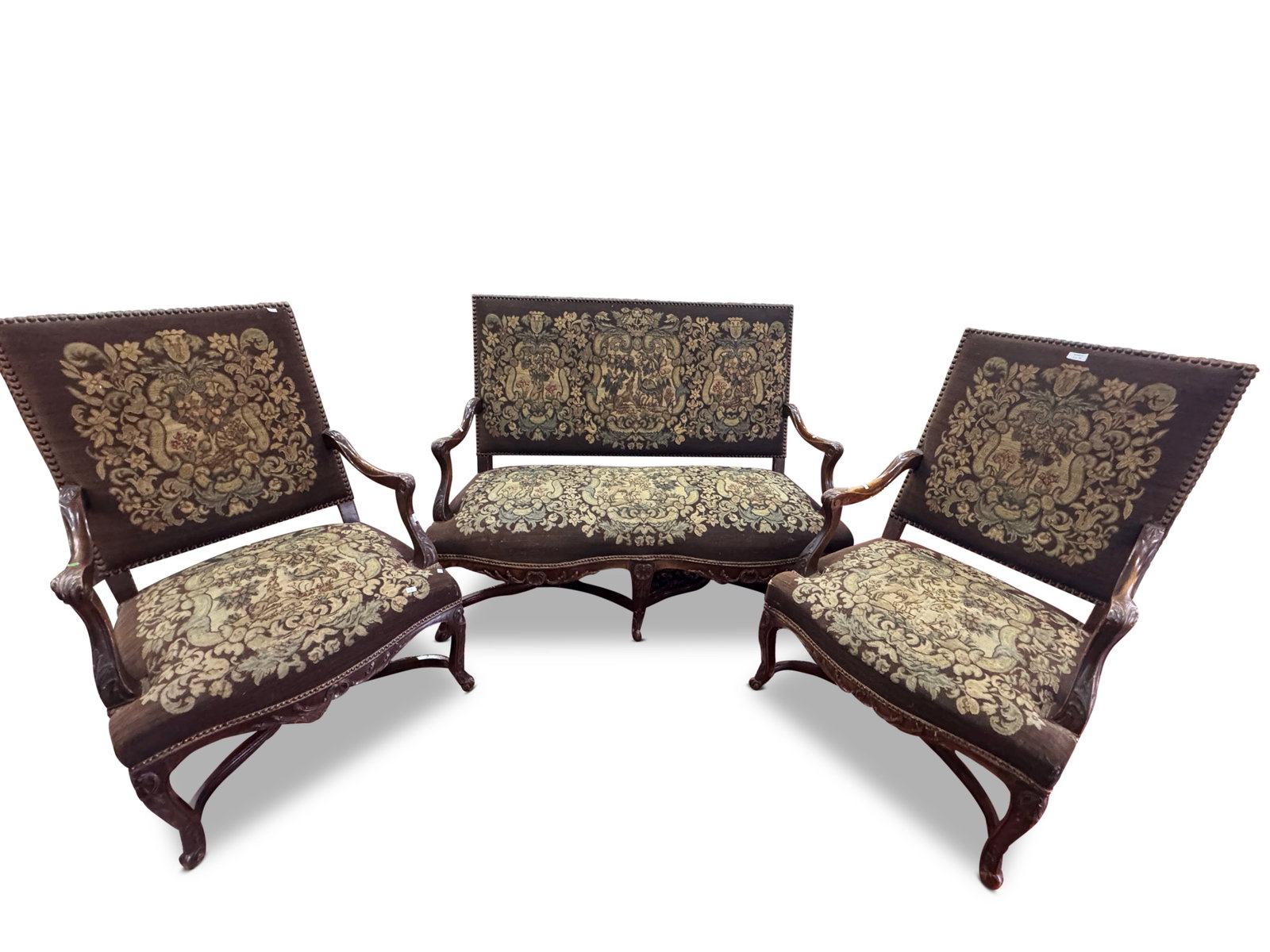 Good 19th Century French Louis XV Style Three Piece Suite,: comprising two seater settee and two armchairs, with rectangular backs above scrolled arms, above a generous seat, on carved cabriole legs with shell and foliate accents, united by x-stretcher, on ter