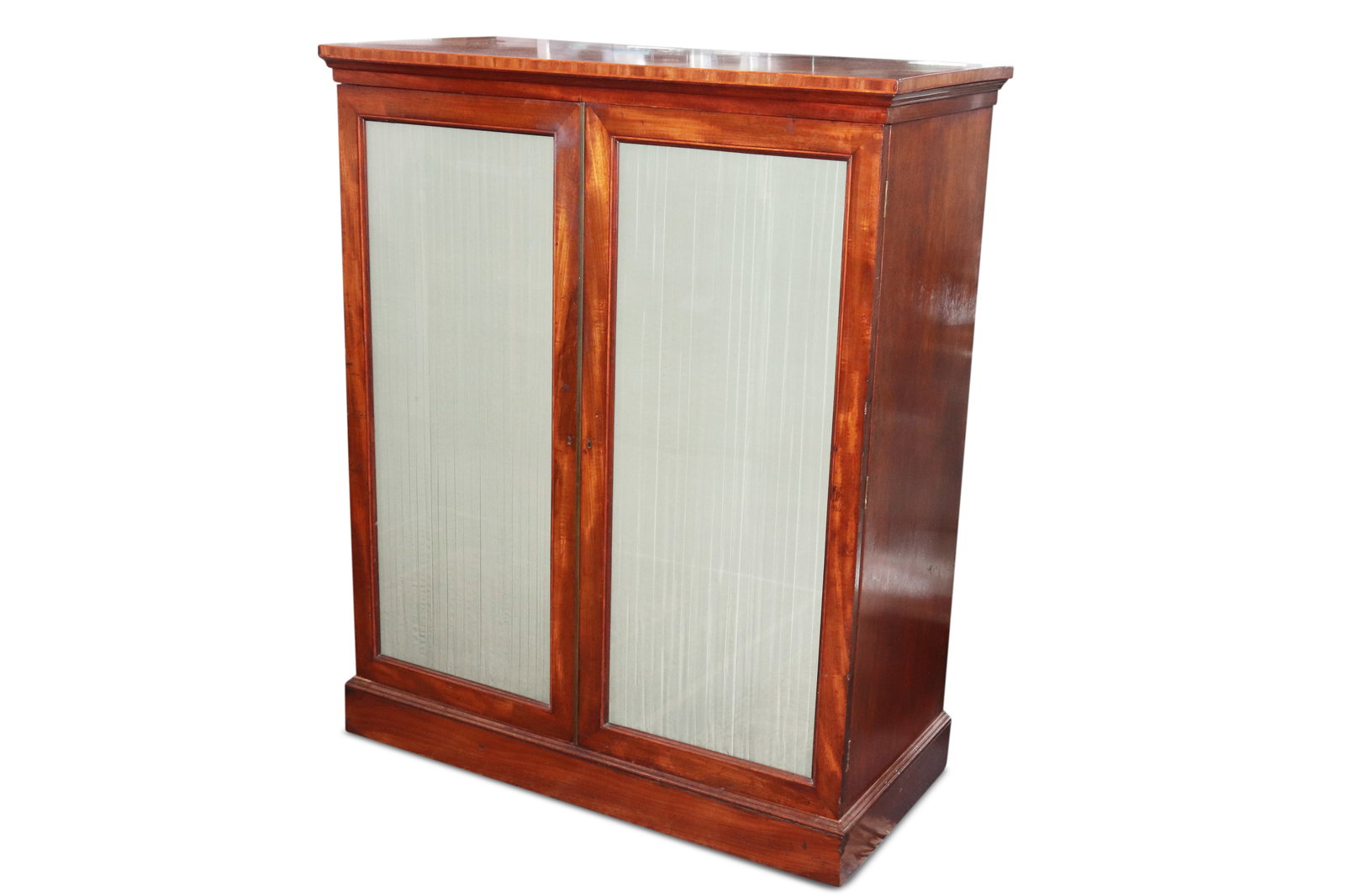 Regency Glazed Two Door Bookcase,: of rectangular form with a pair of glazed doors set with interior silk shades, opening to shelves, on a pedestal base, 130cm x 71cm x 37cm