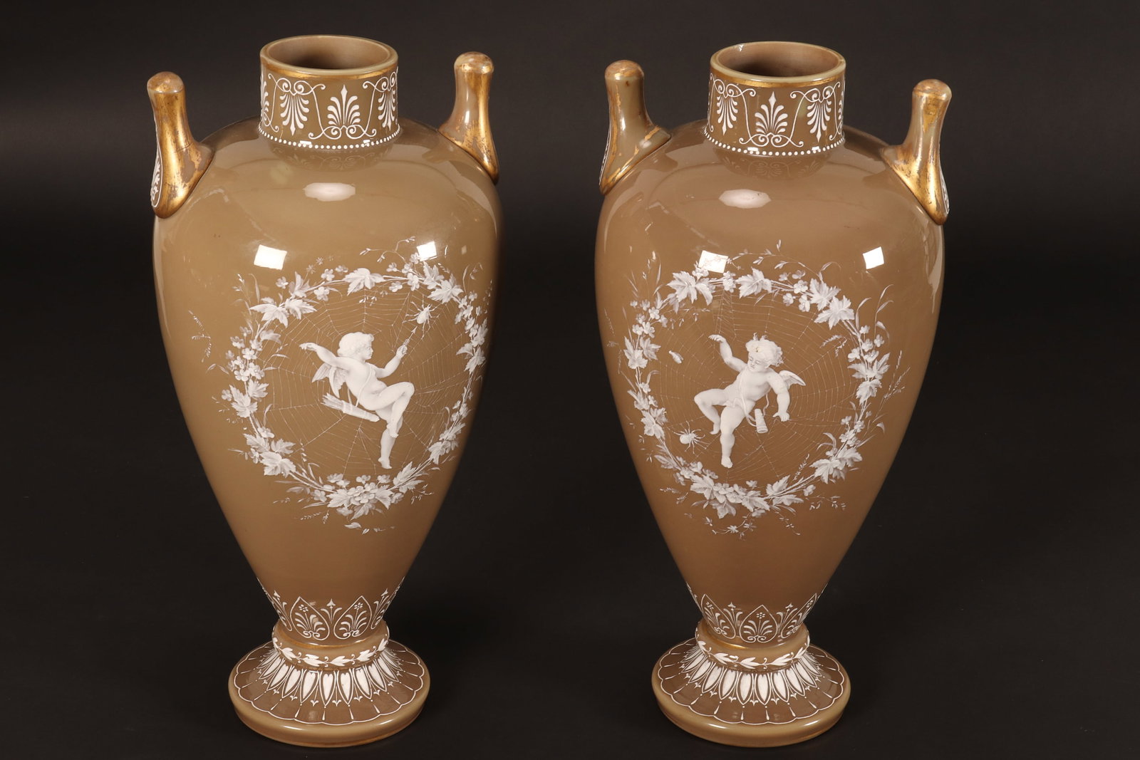 Pair of Pate-Sur-Pate Twin Handled Vases, (1 of 4)