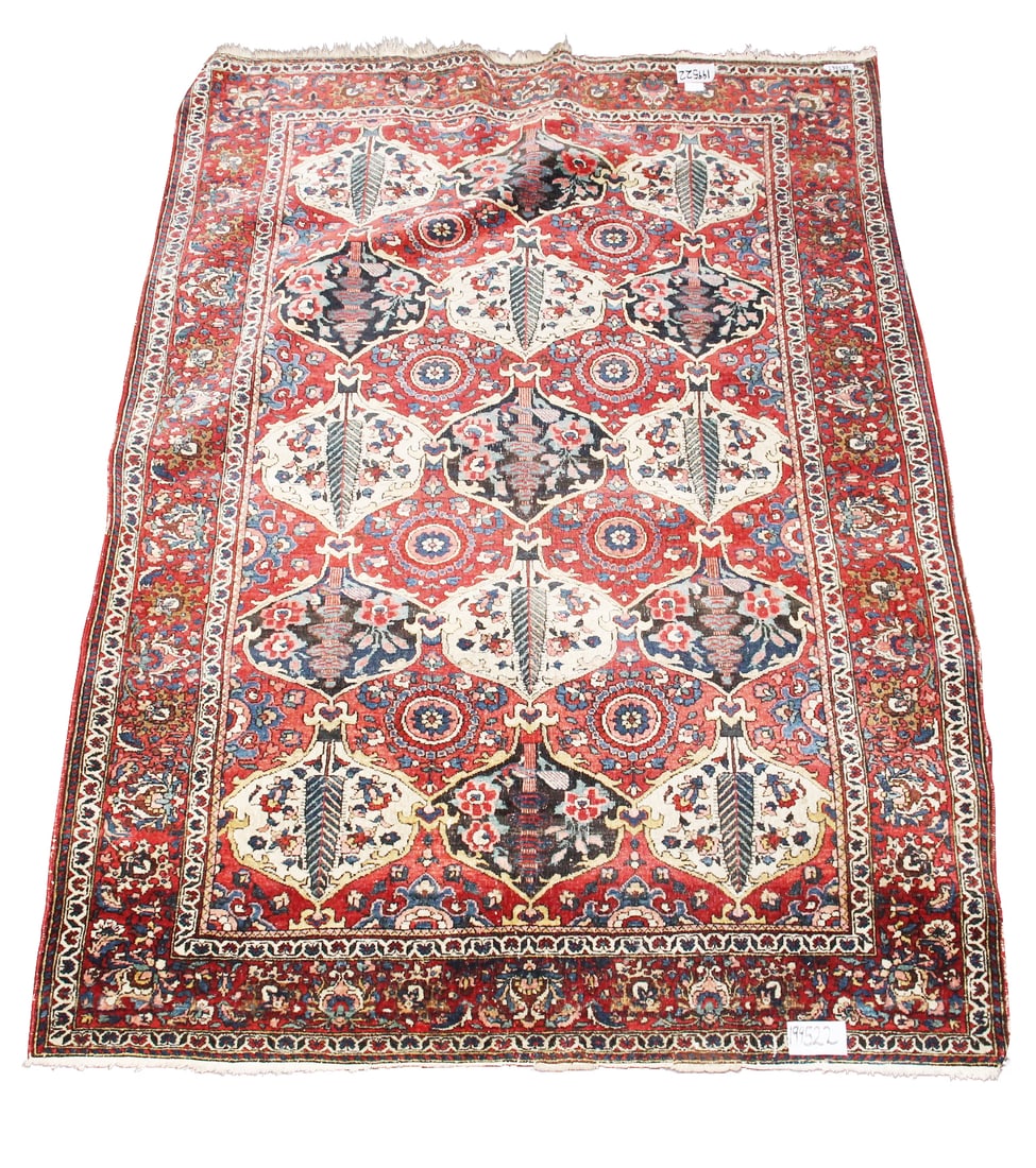 Persian Bakhtiari Rug,: of rectangular form, decorated with traditional 'My Garden' pattern, featuring ogee panels of trees surrounded by a floral ground and borders, in tones of red, blue, pink, olive and beige, 206cm x 145