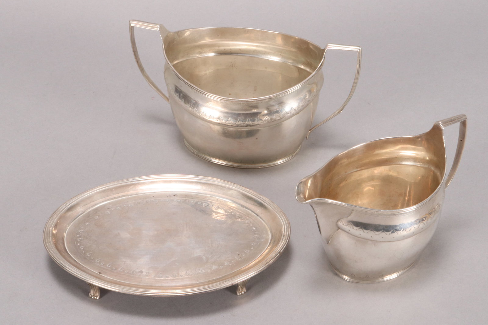 George III Sterling Silver Milk Jug, Twin Handled Sugar Bowl and Footed Teapot Stand, (1 of 7)