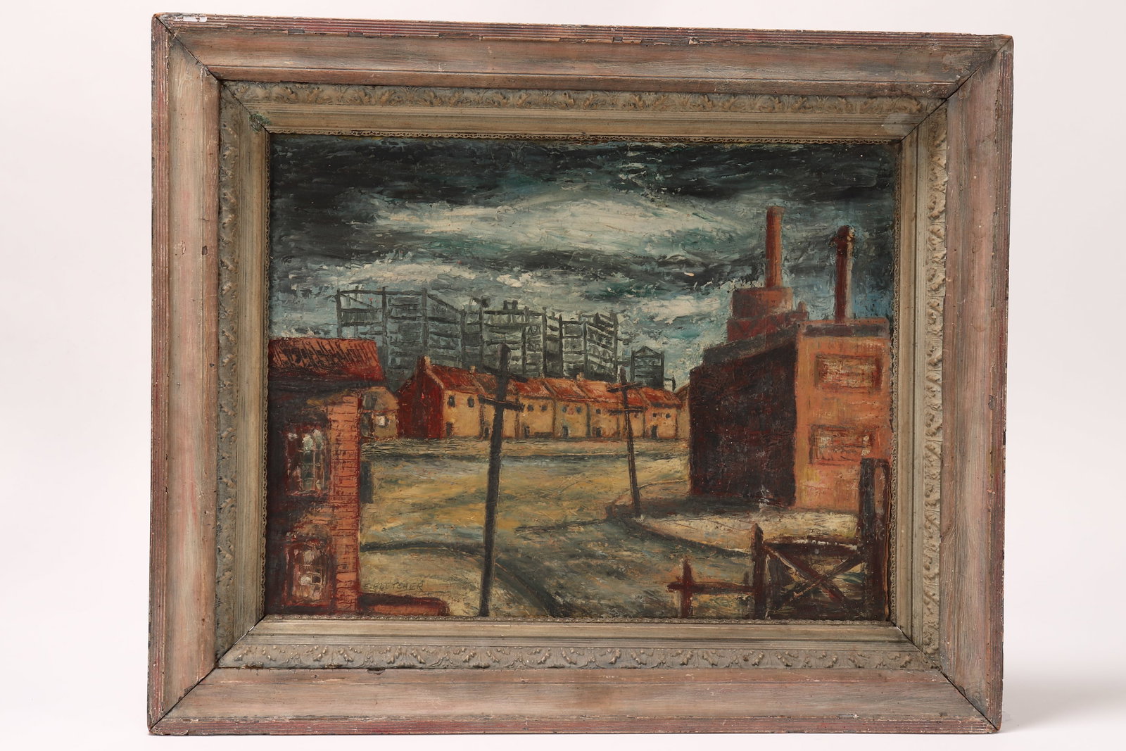 E. Fletcher,: Construction Pyrmont oil on card signed lower left, titled and inscribed verso 38.5cm x 50cm