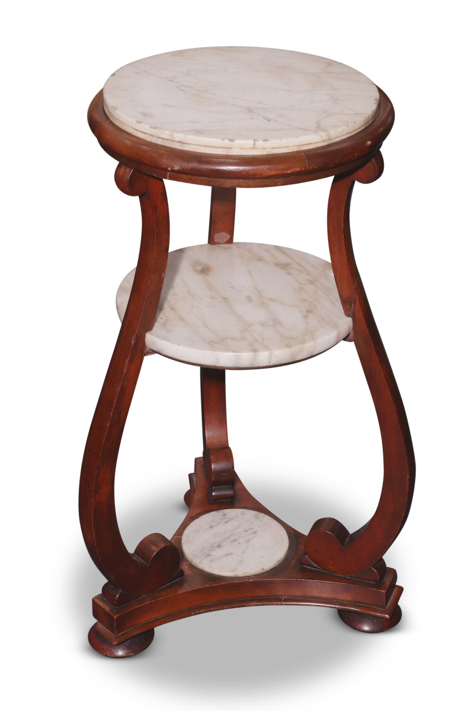 Late 19th Century Three Tier Torchere,: set with white marble top, flanked by three s-scroll supports, above two lower marble shelves, raised on bun feet, 75cm x 39cm