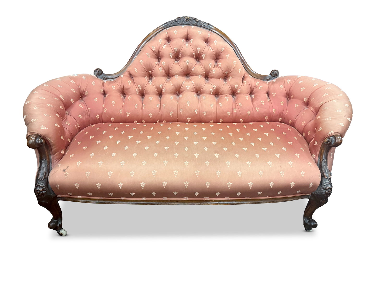Victorian Double Ended Mahogany Sofa,: with carved floral crest rail, above an arched buttoned back, flanked by curved arms and over covered seat, on foliate carved cabriole legs, length 161cm