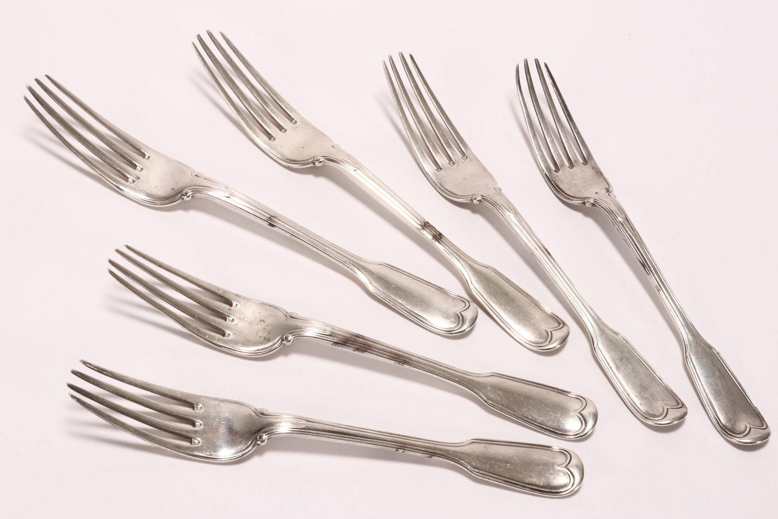 Set of Six Victorian Sterling Silver Entree Forks,: hallmarked London, probably 1866 (marks rubbed), GA (Chawner & Co), in fiddle and thread pattern, total weight 342g, length 17.5cm (6)