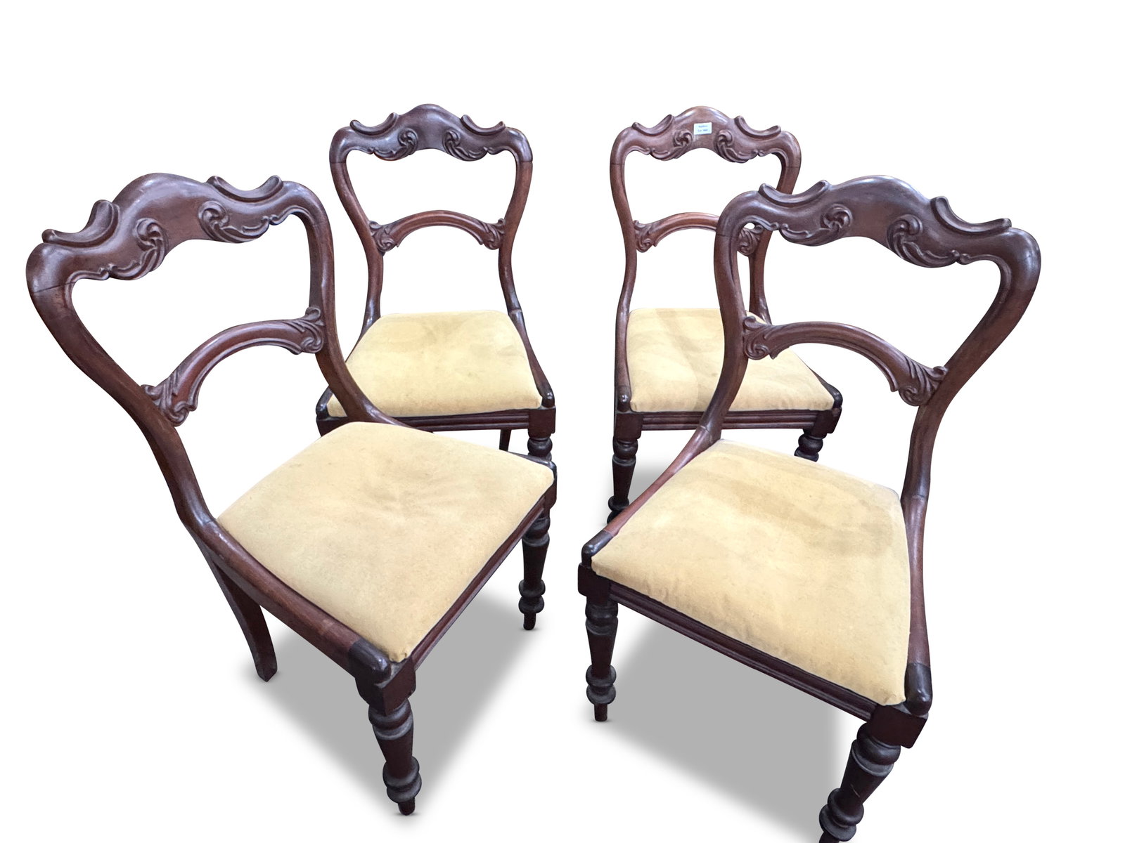 Set of Four Victorian Dining Chairs,: with carved shaped scrolled backs, above a drop in seat upholstered in a yellow fabric and raised on turned legs, together with small cottage chair (5)