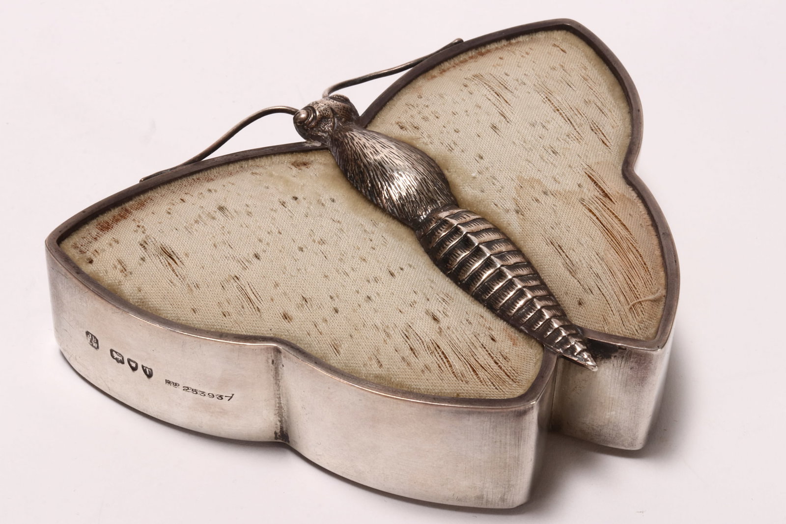 Rare Victorian Sterling Silver Novelty Pin Cushion: hallmarked London, 1894, James Samuel Bell & Louis Willmott, in the form of a butterfly with detailed body, with original silk covered cushion, total weight 94g, 2.7cm x 10.5cm x 8cm