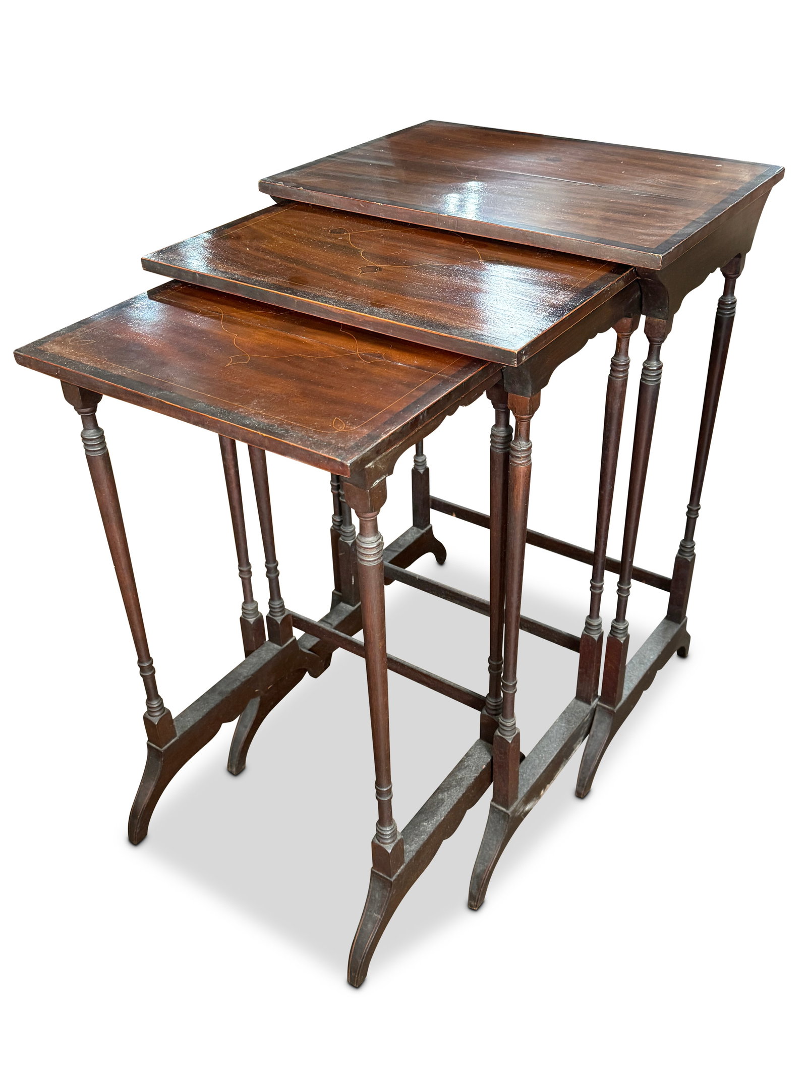 20th Century Nest of Three Tables,: with satinwood stringing to top surface and slender turned legs, largest 64cm x 43cm x 31cm (3)