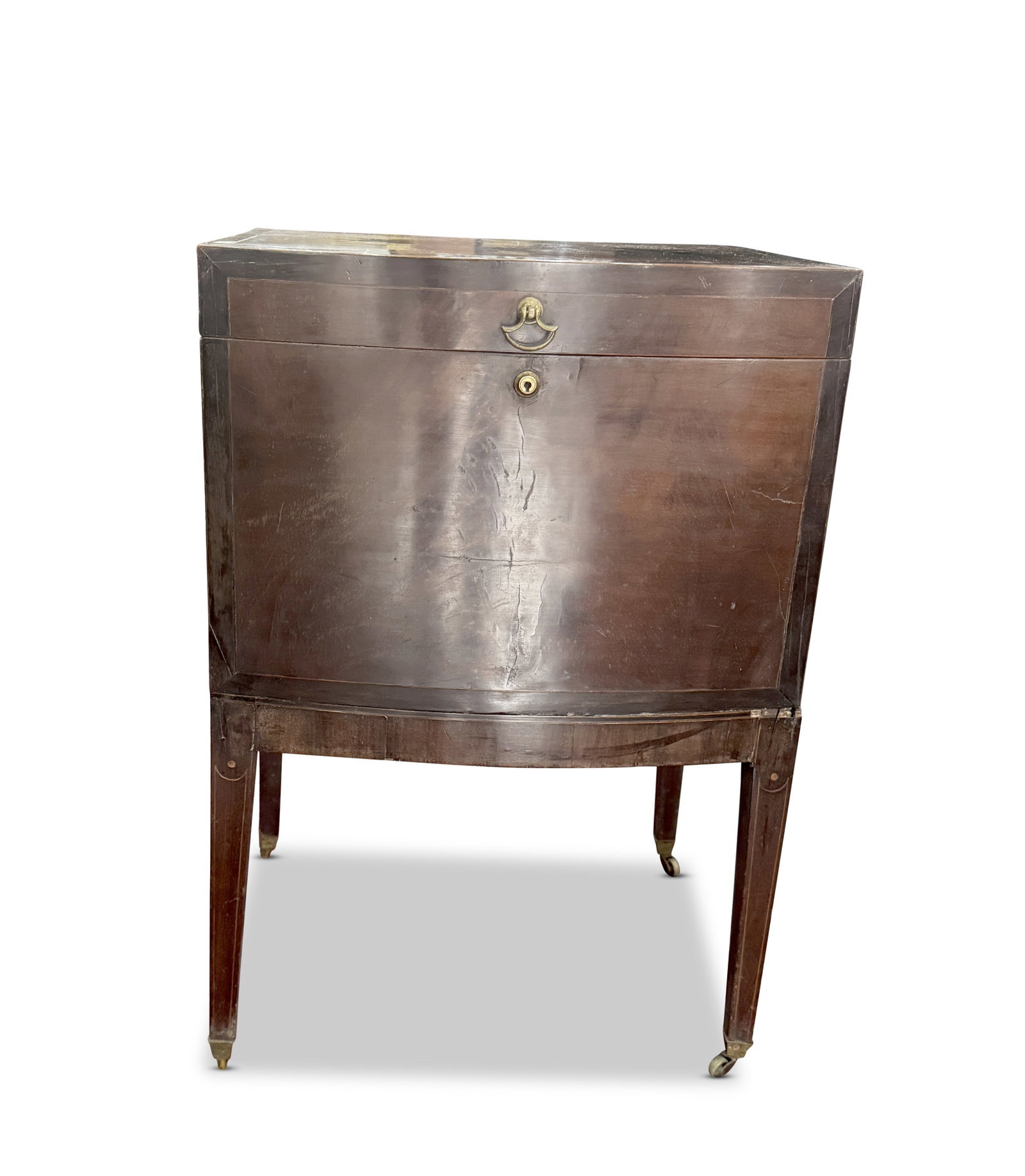 Late George III Footed Cellaret,: in mahogany, with cross banded border opening to a fitted interior, raised on four tapered fluted legs, on casters, a/f, 71cm x 48cm x 38cm