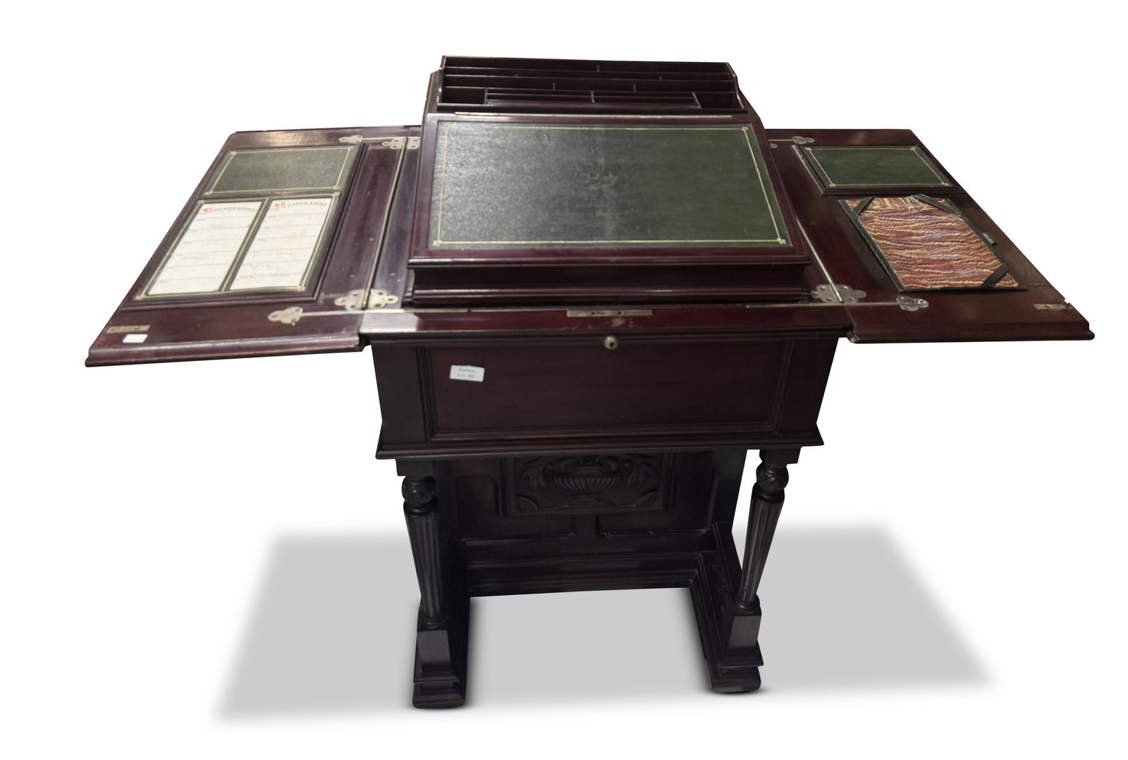 Unusual Edwardian Telescopic Davenport,: of square form, the hinged top with telescopic movement opening to a hinged writing slope, notepads and calendars, above a series of drawers and doors, raised on four casters, 78cm x 56cm x 60cm (clos