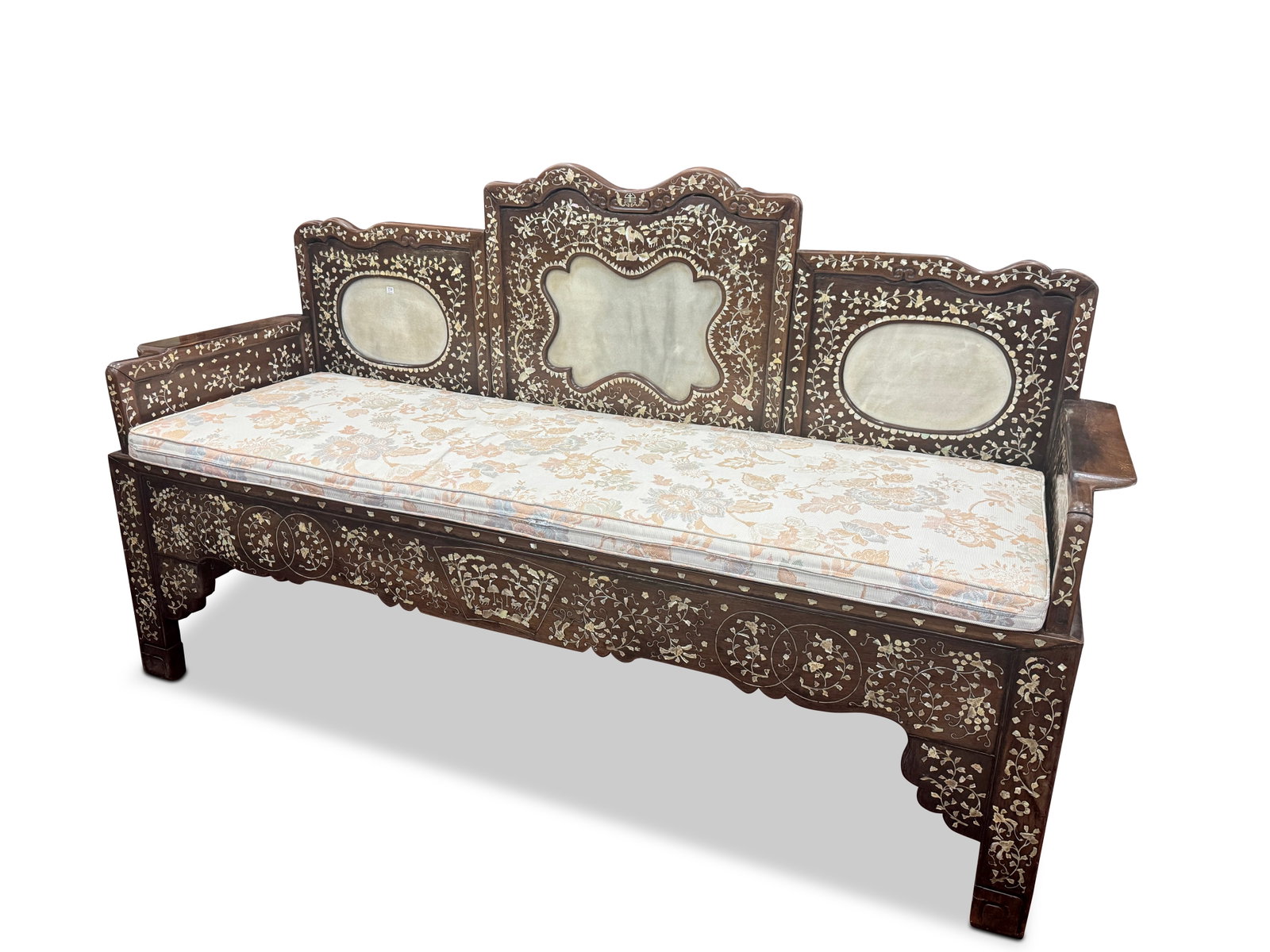 Chinese Late Qing Dynasty Mother of Pearl and Inlaid Marble Bench Seat,: the shaped back decorated with birds and animals among blossoming plants and trees and trailing gourd vine, inset with a central shaped marble panel flanked by two oval panels, the arms, apron and leg