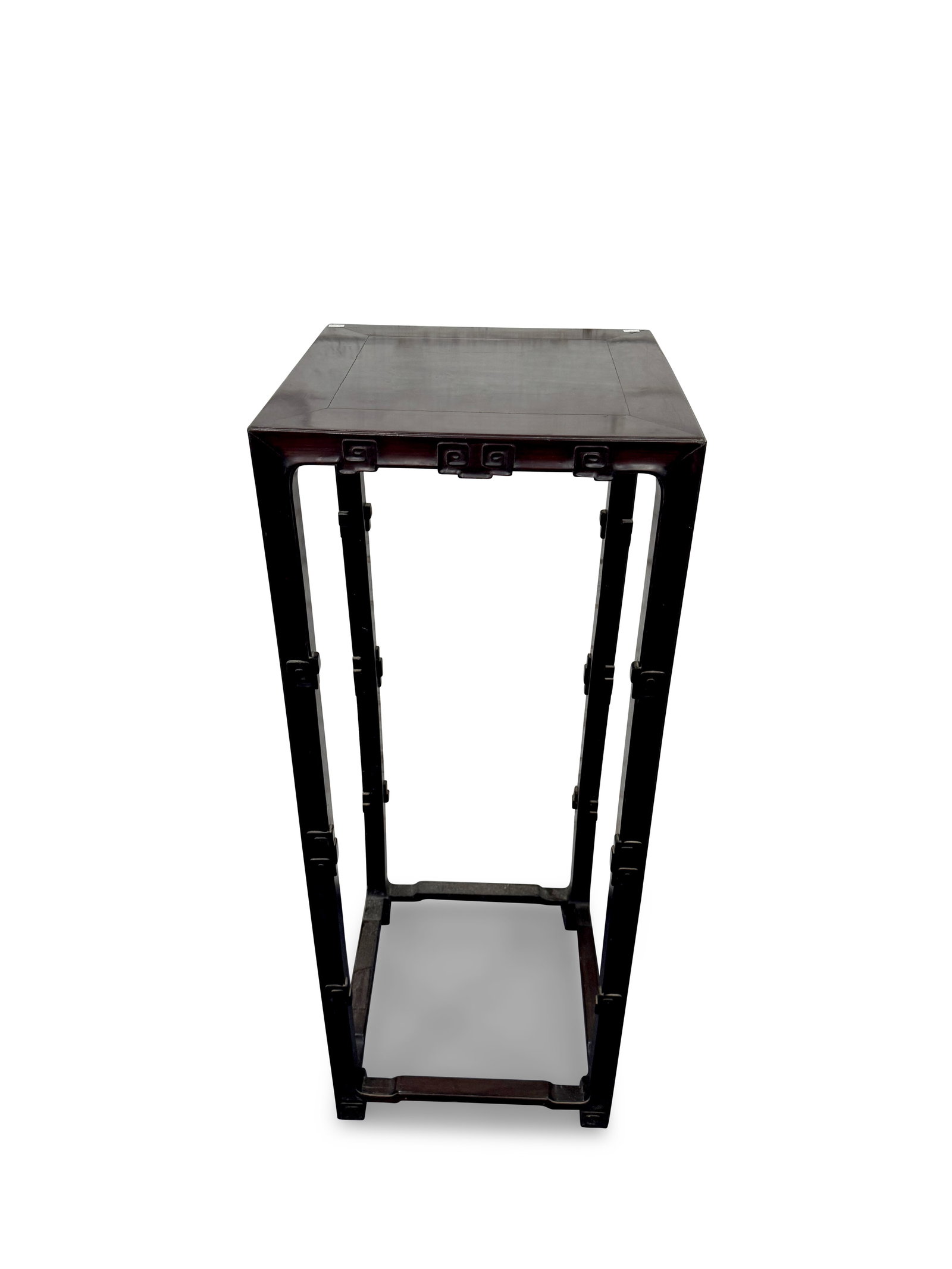 Large Chinese Rosewood Torchere,: with a square top above a carved apron, raised on four facetted and carved legs, united by stretcher, 117cm x 44.5cm x 44.5cm