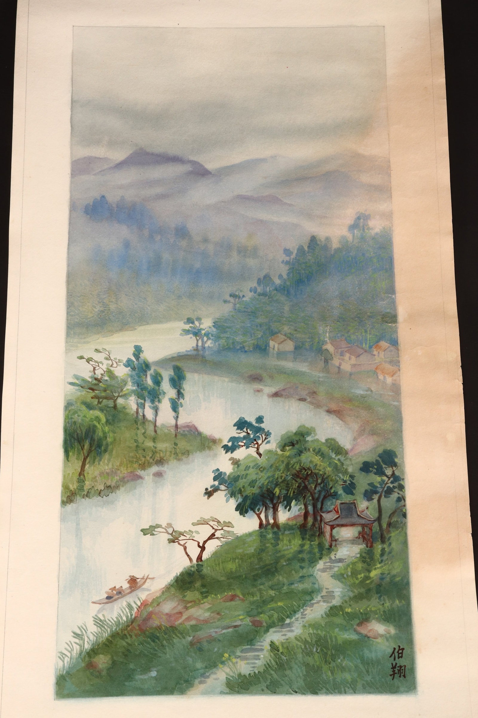 Hu Boxiang (1896-1989),: River Village watercolour signed lower right 56cm x 27cm Provenance: W.A Pennell, then by family descent. Mr Pennell was an Englishman who lived in Shanghai, China in the 1920's and 1930's. He was Hea