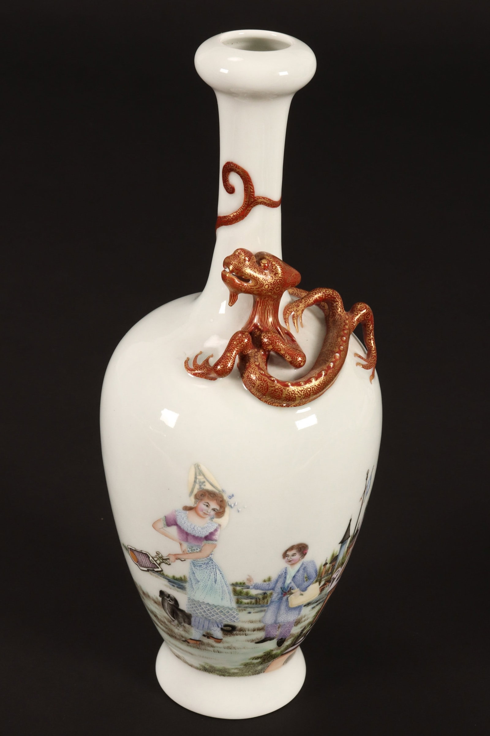 Chinese Porcelain Vase,: of garlic head form, with applied chilong to upper body, decorated with continuous European scene depicting a lakeside town with two women and a dog by the river bed, in tones of green, blue, red, yel