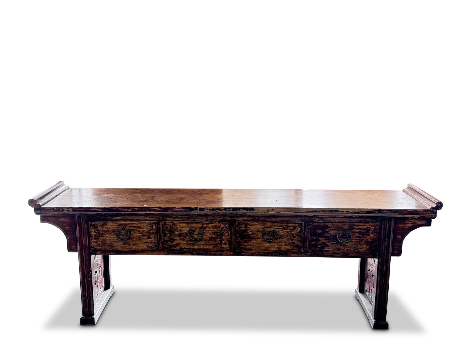 Large Chinese Altar Table,: the long rectangular top with curved ends, set with four deep drawers with drop ring handles, raised on chamfered legs, 83cm x 255cm x 50cm