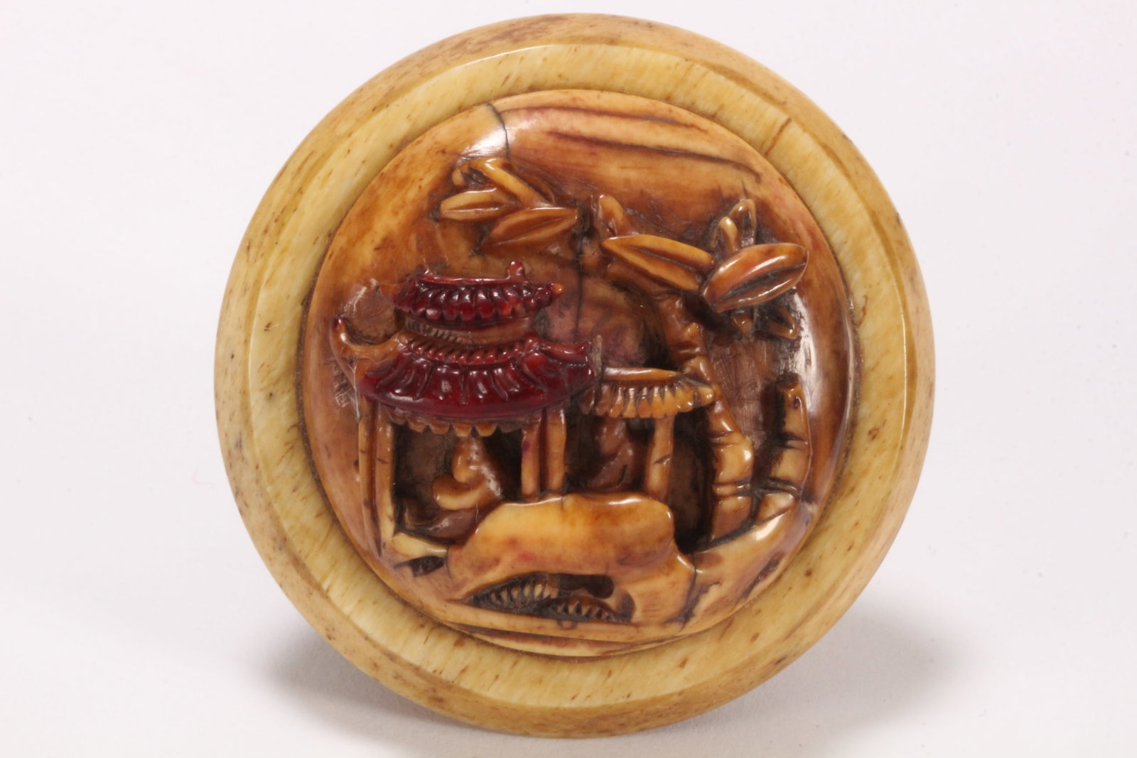 Japanese Carved Stag Antler Manju Netsuke, (1 of 2)
