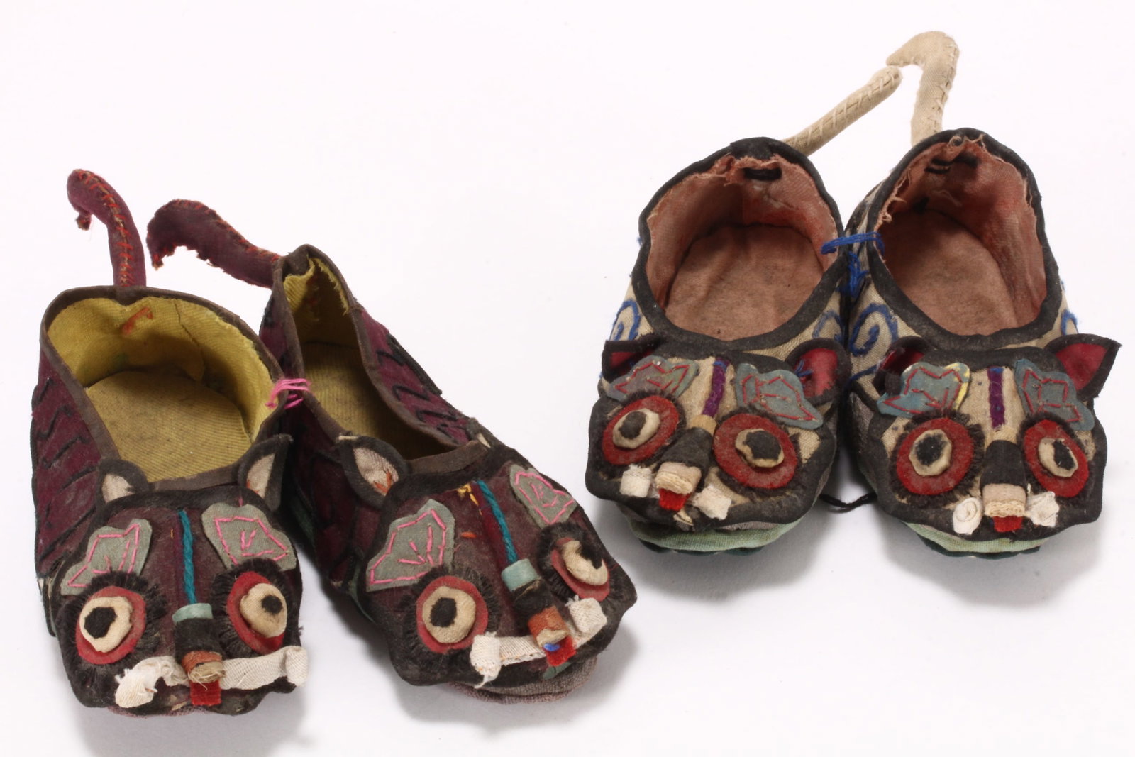 Two Pairs of Chinese Embroidered Child's Slippers,: in the form of tigers, length 13cm (including tail) (4)