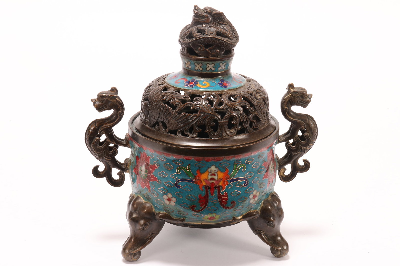 Chinese Cloisonne Twin Handled Censer,: of squat globular form, the pierced domed cover with dragon form finial, above a floral border and frieze of dragons and phoenix amongst scrolled foliates, the body set with chilong mask handles, and 