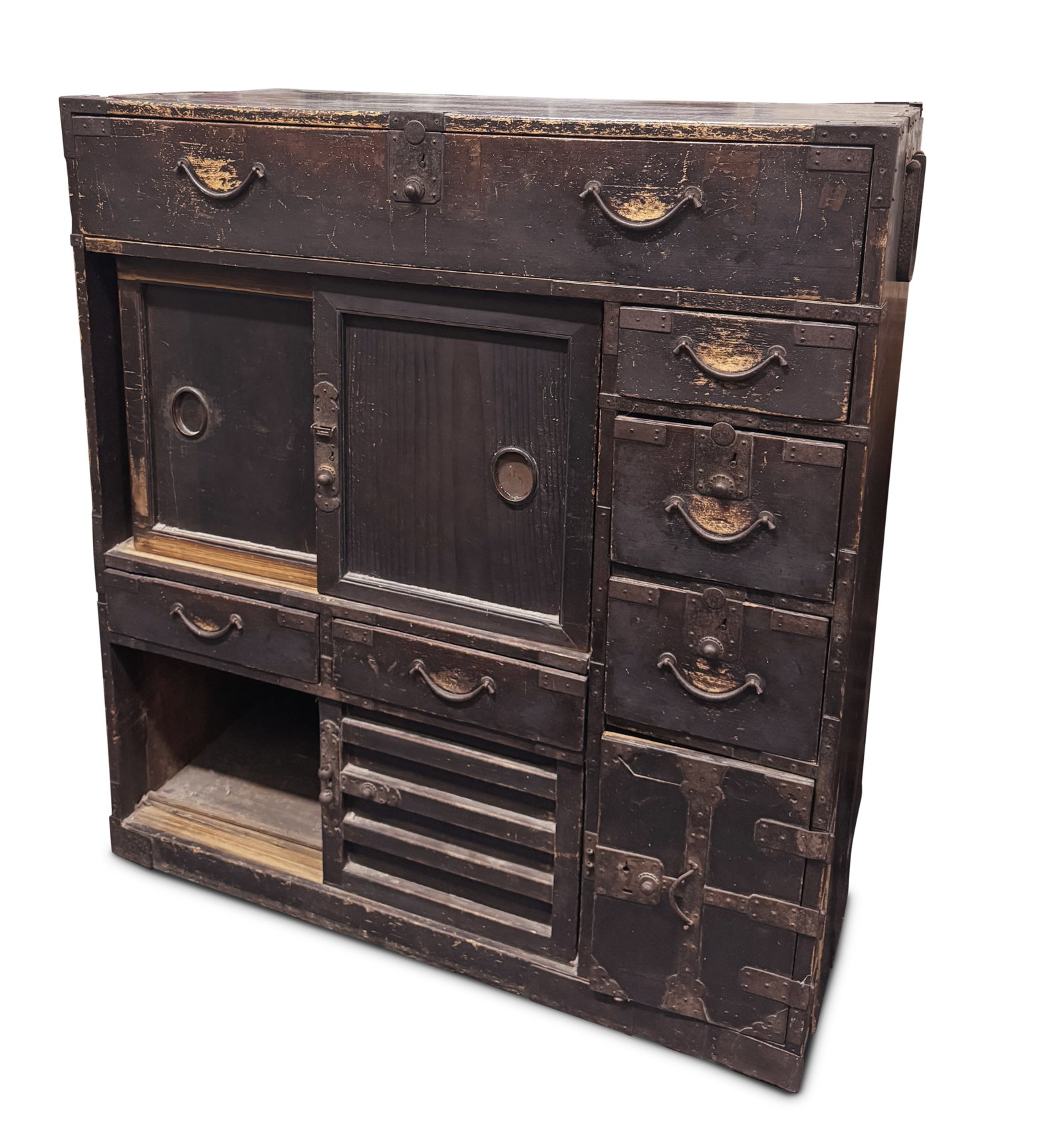 Japanese Tansu Chest,: with single drawer, above sliding doors and various smaller drawers, with steel carry handles and hardware, a/f (wear), 107cm x 97cm x 46.5cm