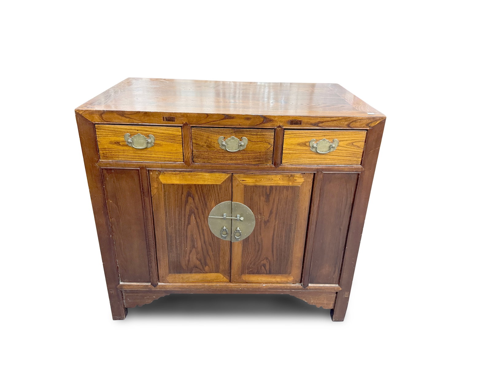 Korean Elm Wood Wedding Cabinet,: with deep rectangular top, above three short drawers set with brass loop handles, accented with bat motifs, above a pair of panelled doors, raised on four feet, 92cm x 101cm x 62cm