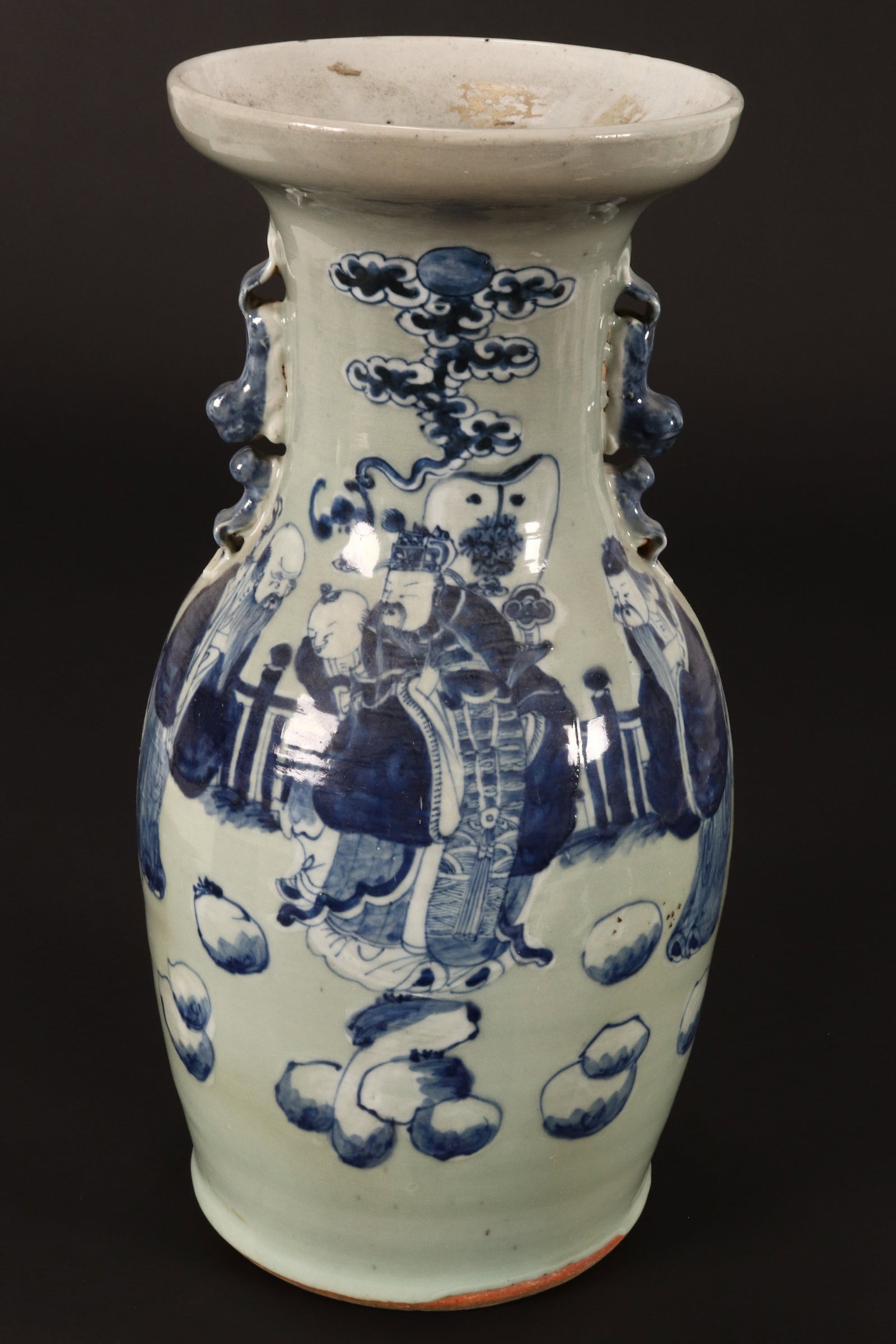 Chinese Qing Dynasty Blue and White Porcelain Vase: of baluster form, decorated with court figure, immortal and attendant in garden, the neck flanked by kylin handles, height 41cm