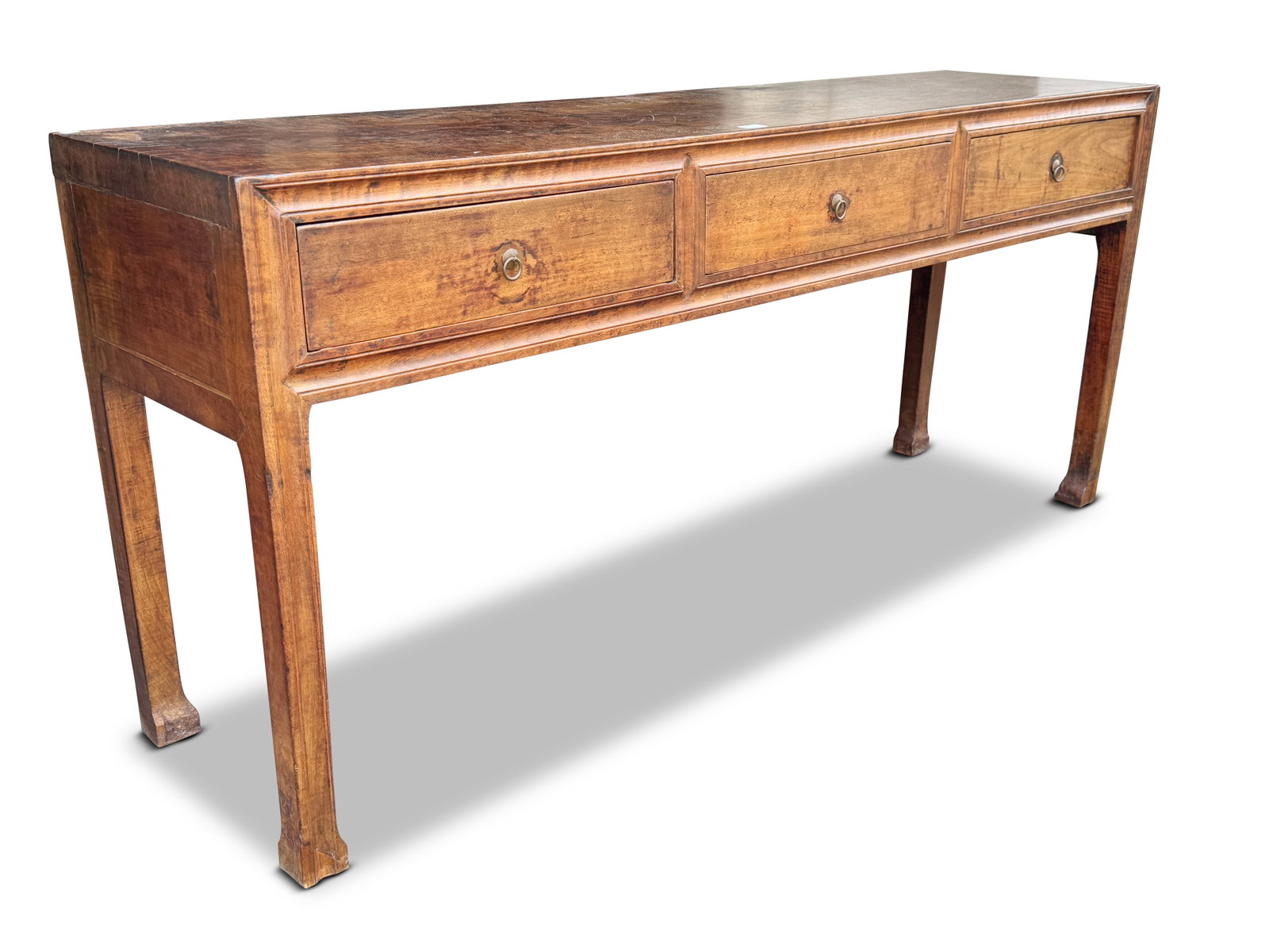 Large Chinese Altar Cabinet,: of narrow rectangular form, with curved ends, set with a series of drawers, raised on four facetted legs with spade shaped feet, 83cm x 185cm x 45cm