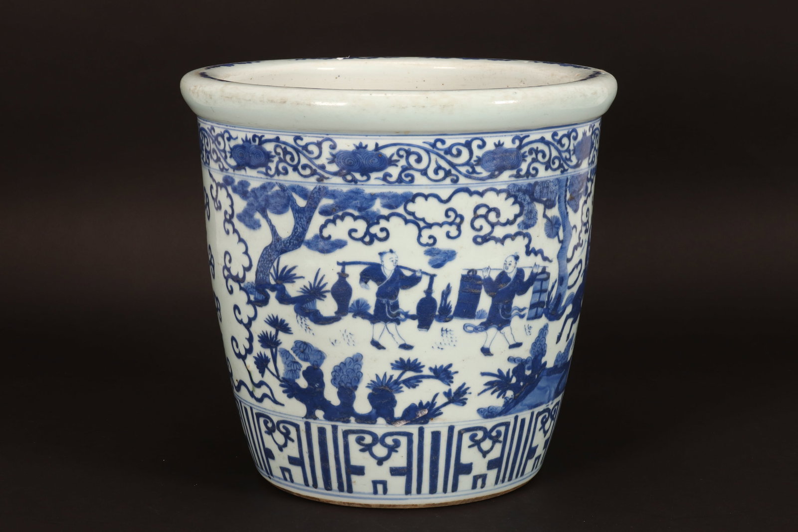 Large Chinese Blue & White Porcelain Jardiniere,: of tapering form, the body decorated with an outdoor scene containing warriors on horseback with attendants and figures within a pagoda, flanked by decorative borders, height 35cm