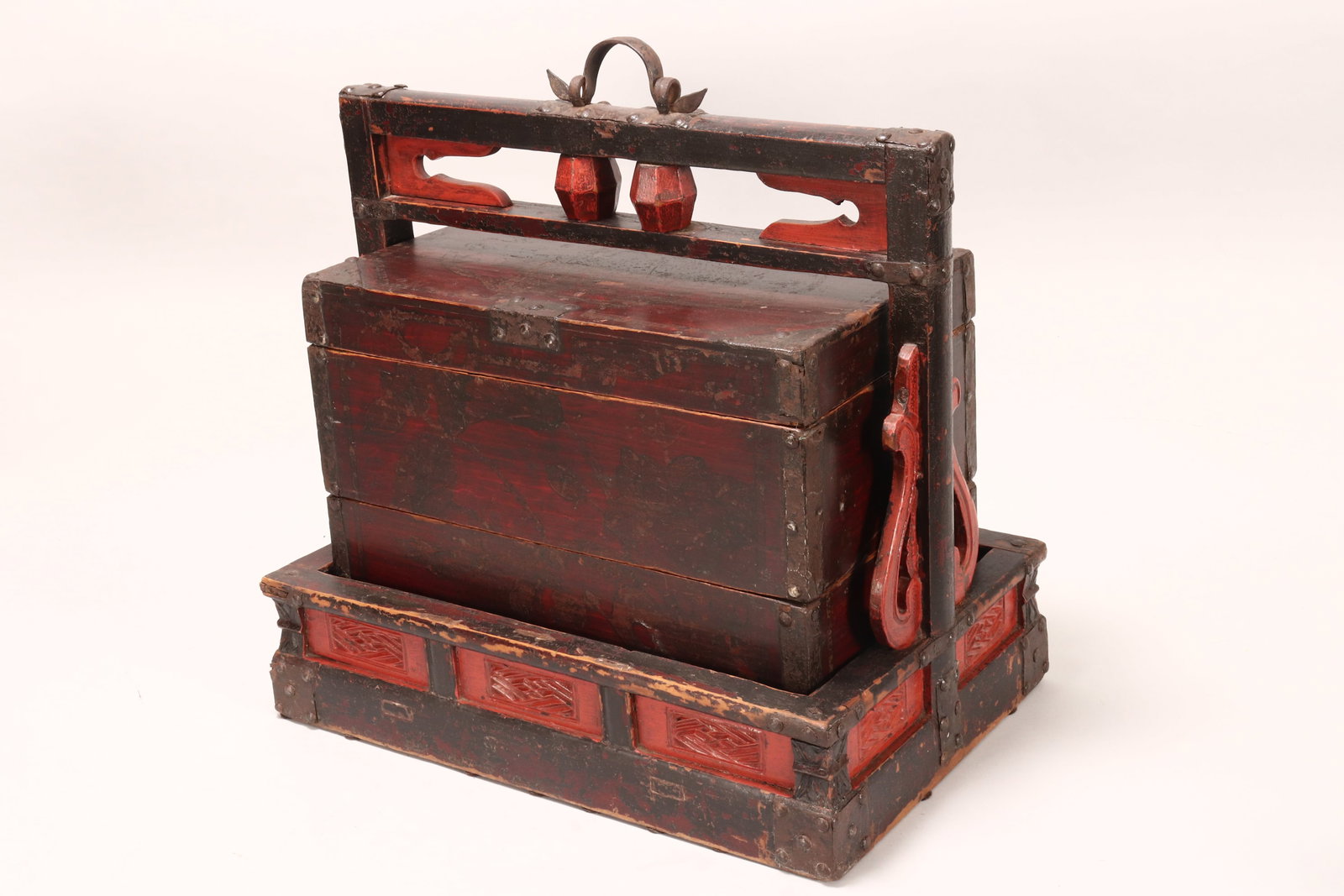 Chinese Lacquered Timber Wedding Box,: of typical form, comprising three stacking compartments, with carry handle, 59cm x 38cm x 57cm