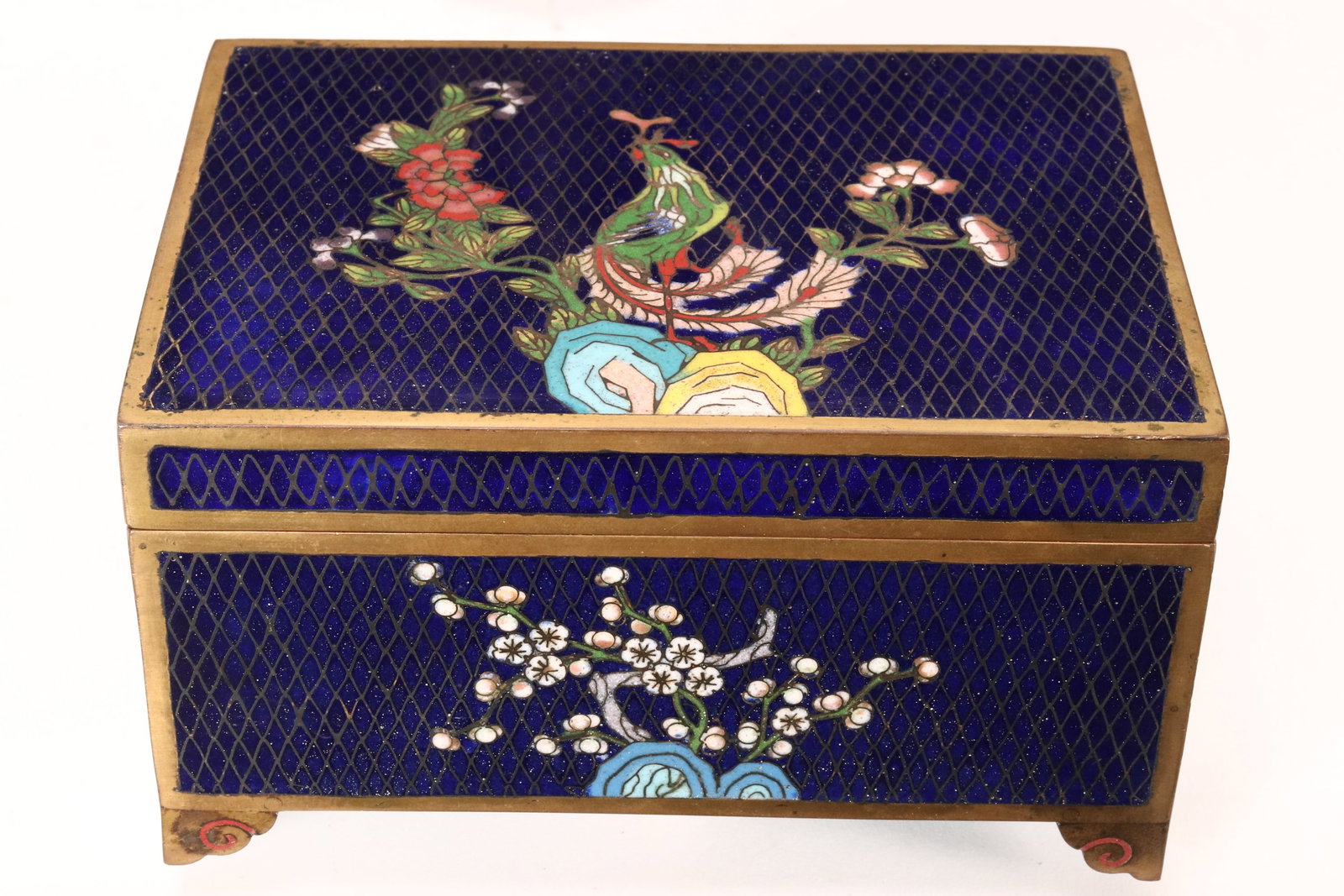 Chinese Qing Dynasty Cloisonne Box and Cover,: of rectangular form, decorated with a bird perched within a flowering tree, on a blue lattice ground, with wood lined interior, 7cm x 13cm x 9.5cm
