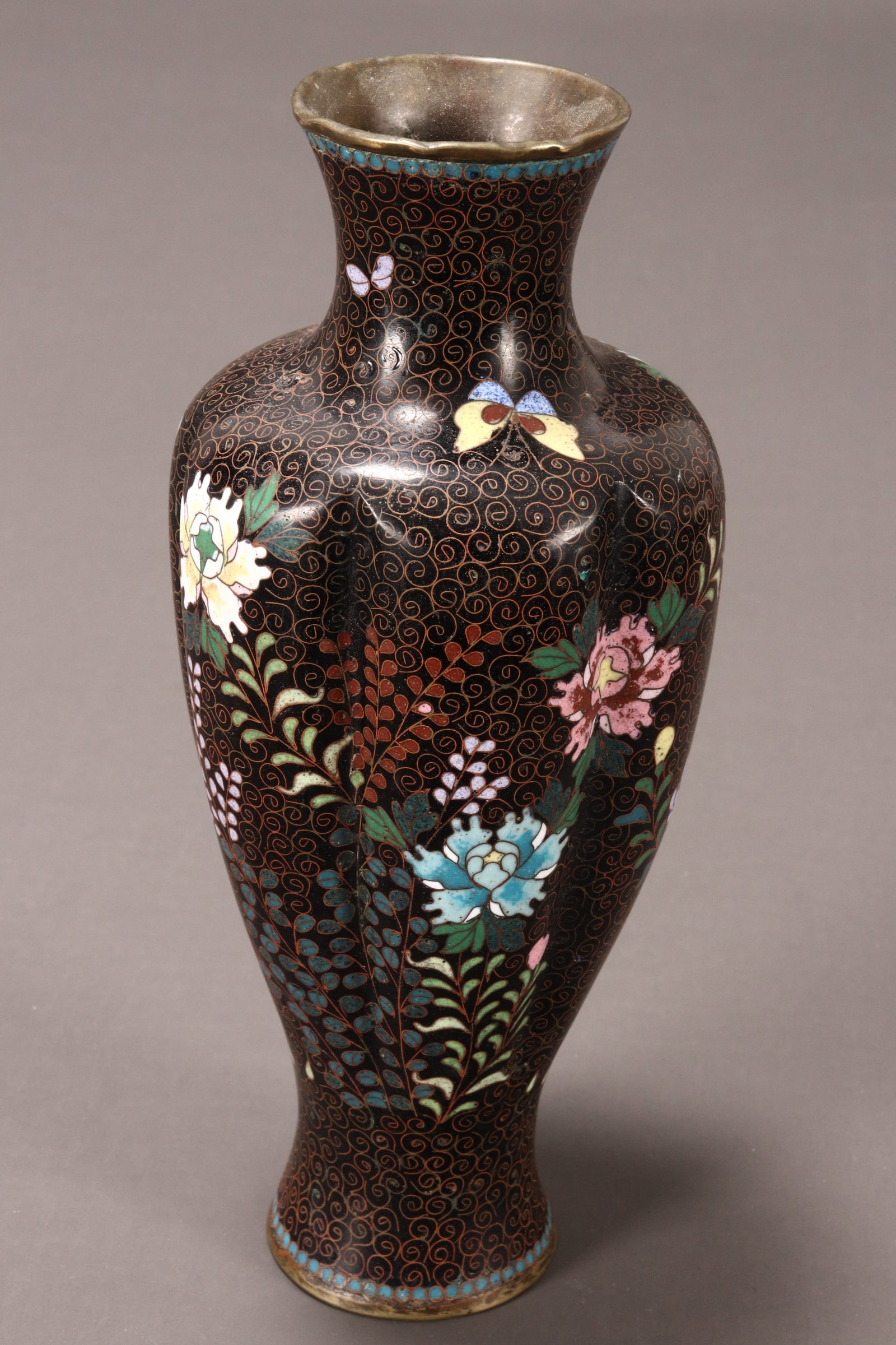 Chinese Cloisonne Vase,: of lobed baluster form, the body decorated with butterflies in flight amongst sprays of peonies, flanked by decorative borders, in polychrome tones on a black ground, height 18.5cm