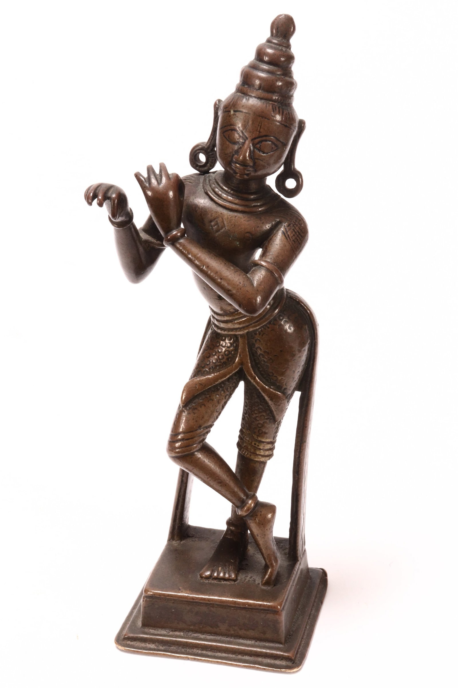 Indian Bronze Krishna Figure,: depicted standing, above a stepped square base, a/f (missing flute), height 16.5cm
